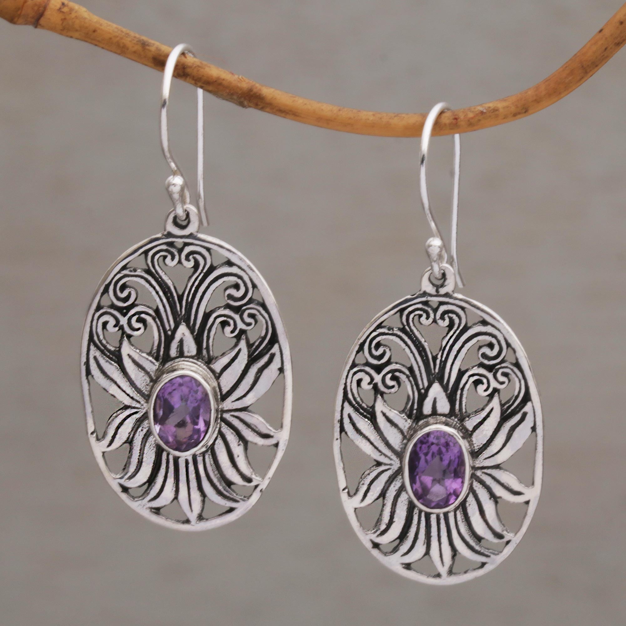 Premium Lotus Amethyst Sterling Silver Dangle Earrings - Timeless Elegance