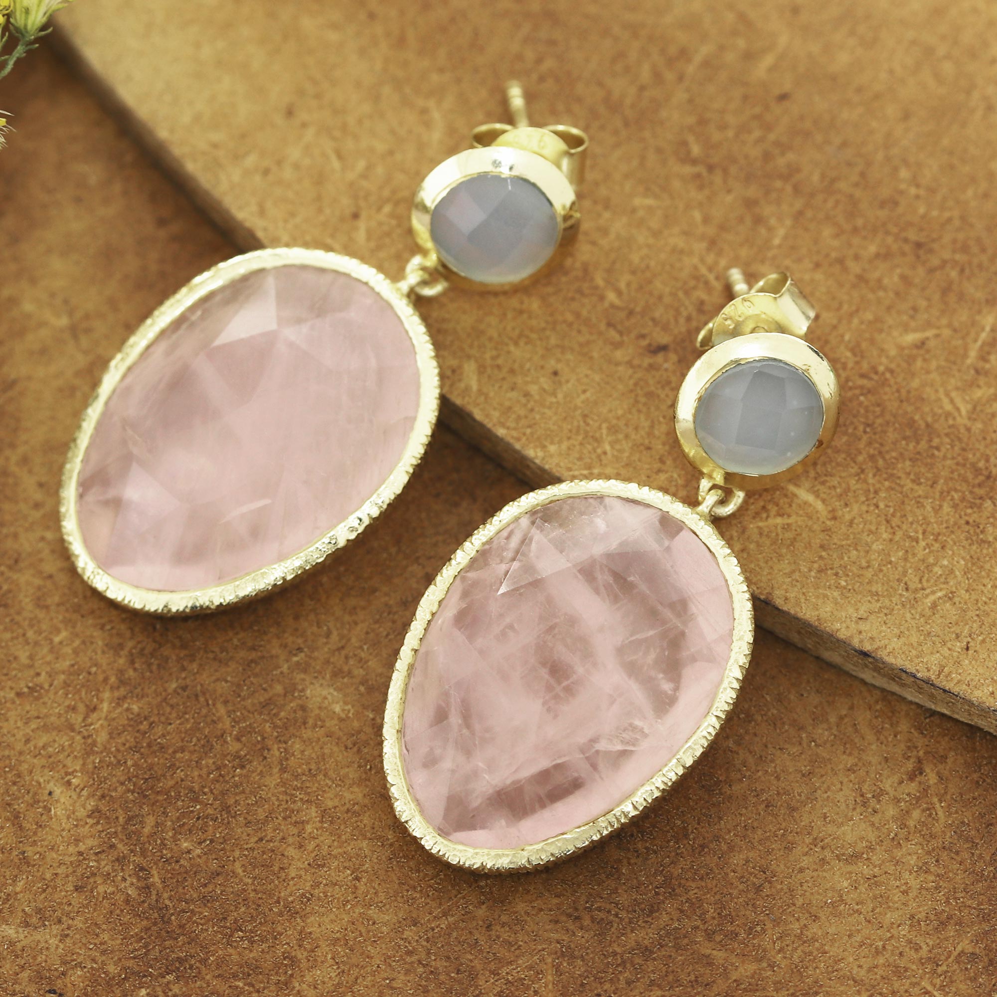 Ultimate Sparkling Muse Gold Plated Rose Quartz & Chalcedony Dangle Earrings