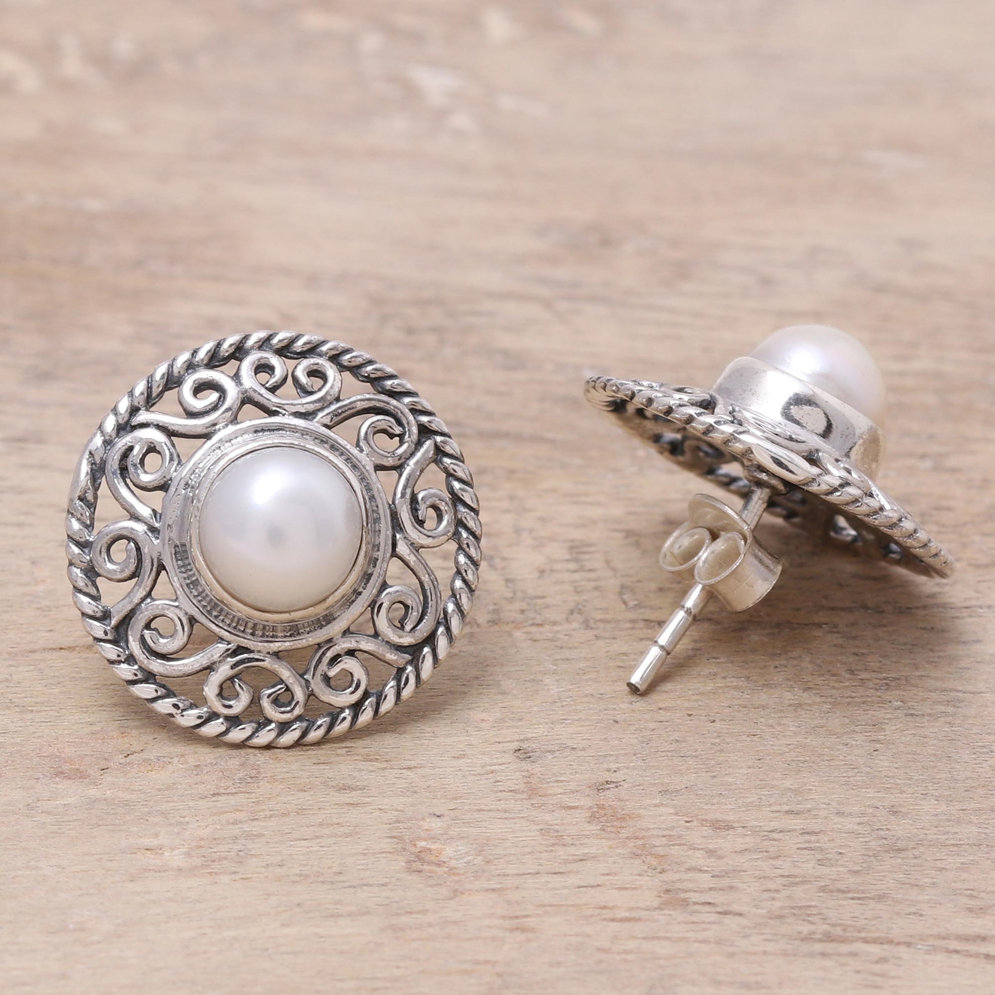 Premium Cultured Pearl Sterling Silver Scrollwork Button Earrings by Shanker