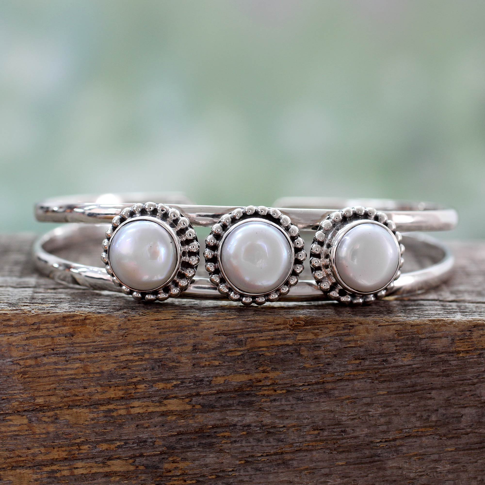 Premium Moonlight Trio Handmade Sterling Silver Pearl Cuff Bracelet