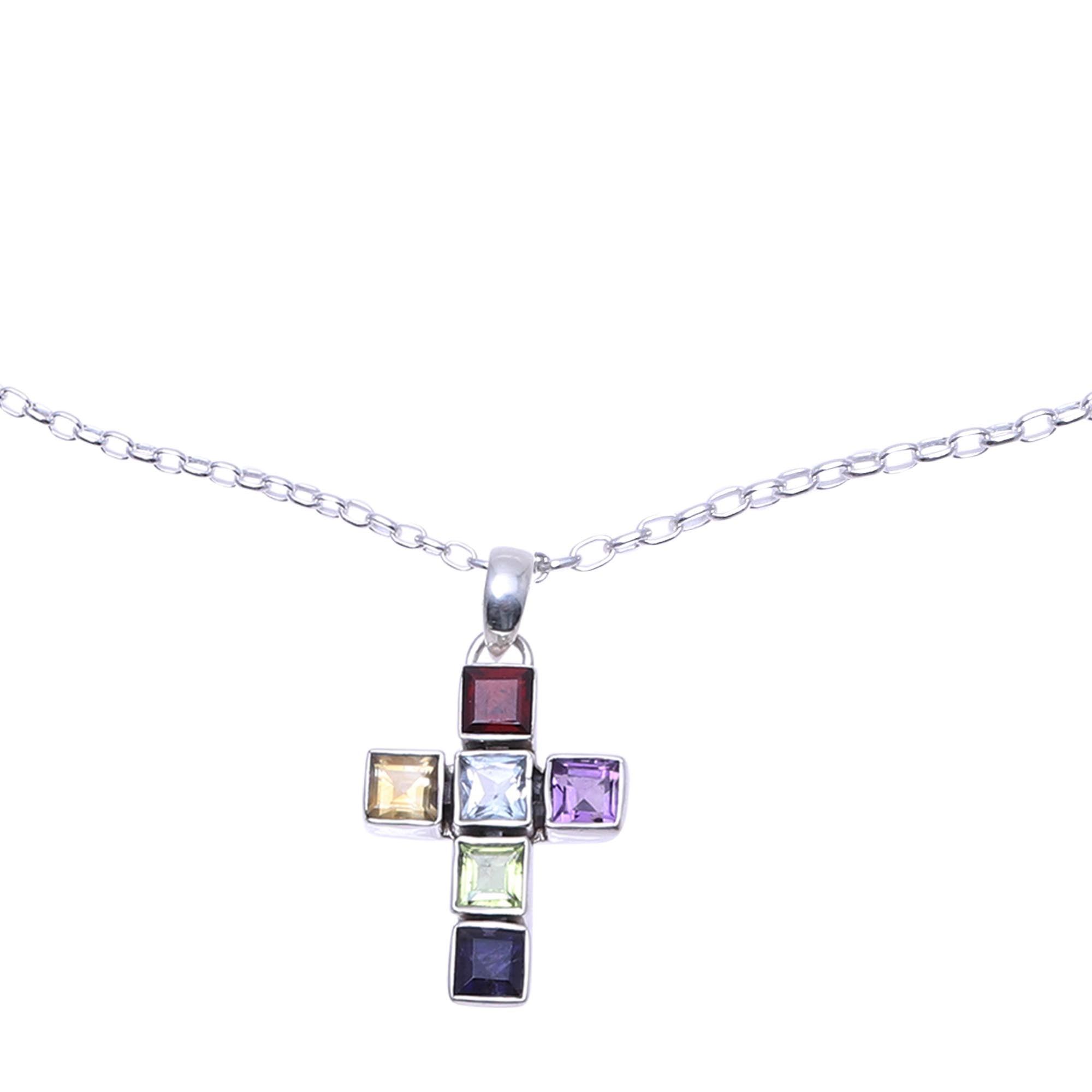 Premium Multi-Gemstone Cross Pendant Necklace - Handcrafted Sterling Silver