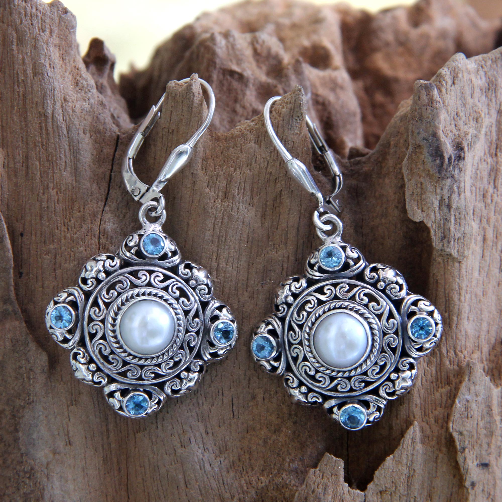 Premium Blue Topaz & Pearl Lever-Back Earrings