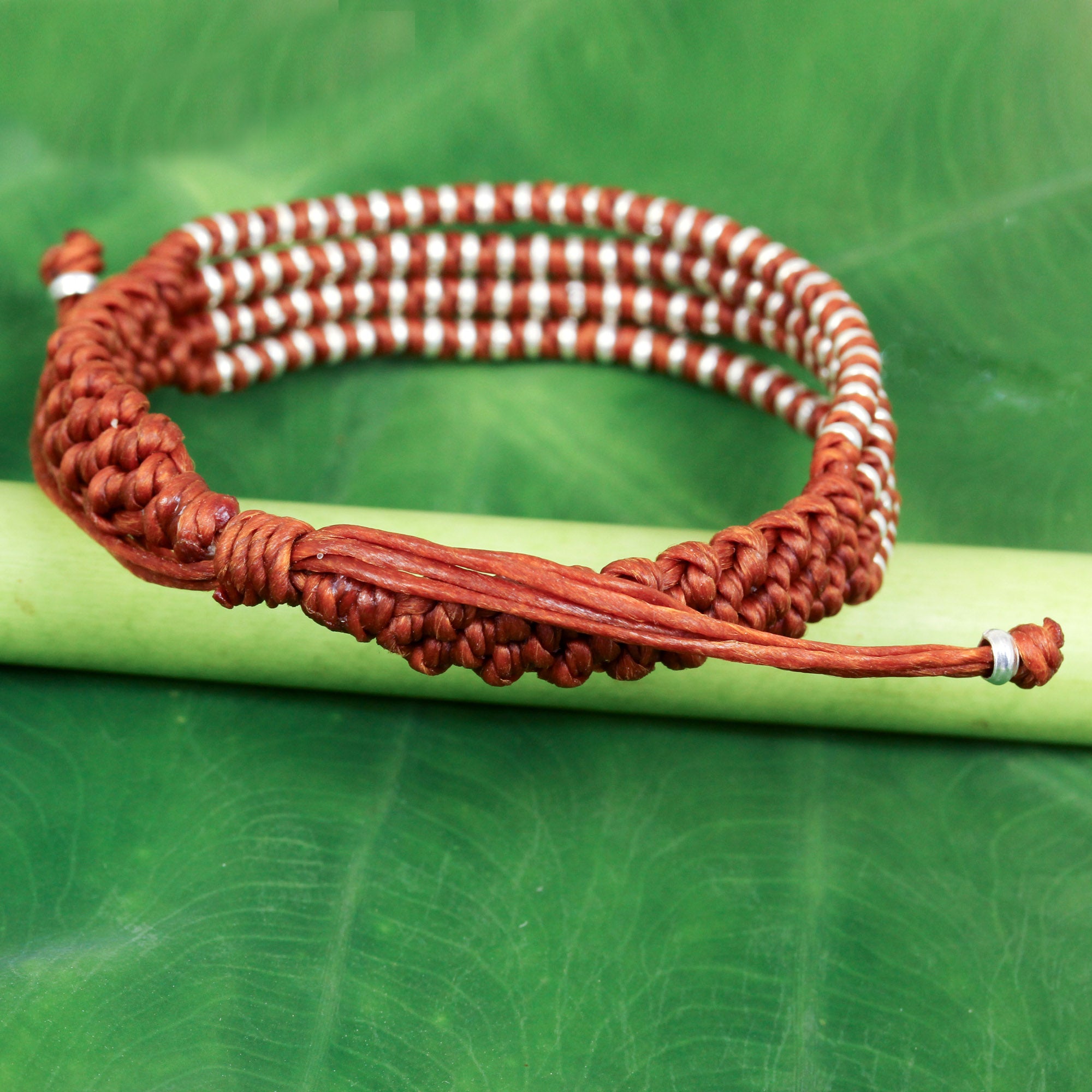 Premium Handcrafted Ginger-Orange Macrame Bracelet with Hill Tribe Silver Beads