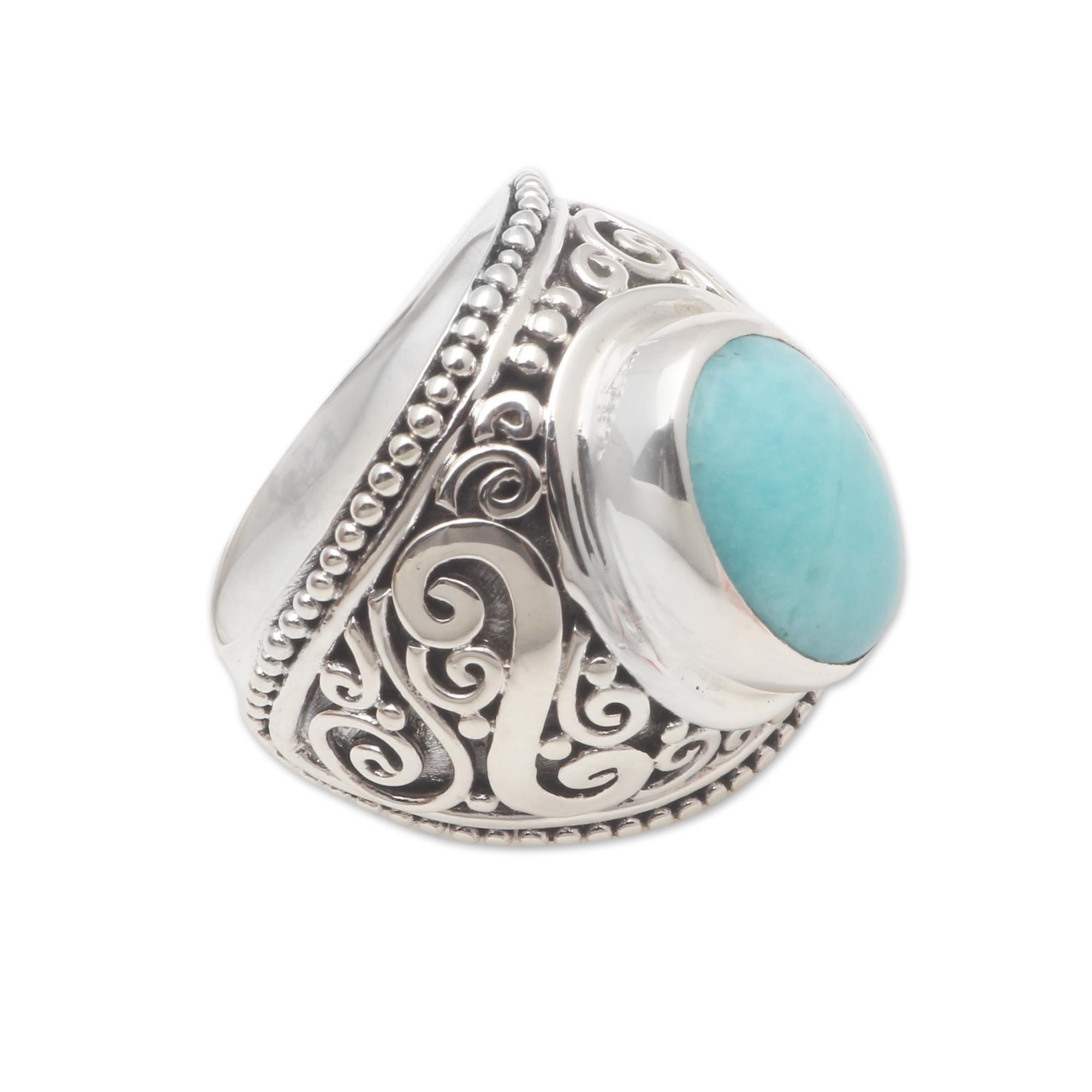 Premium Misty Temple Oval Amazonite Sterling Silver Scroll Cocktail Ring