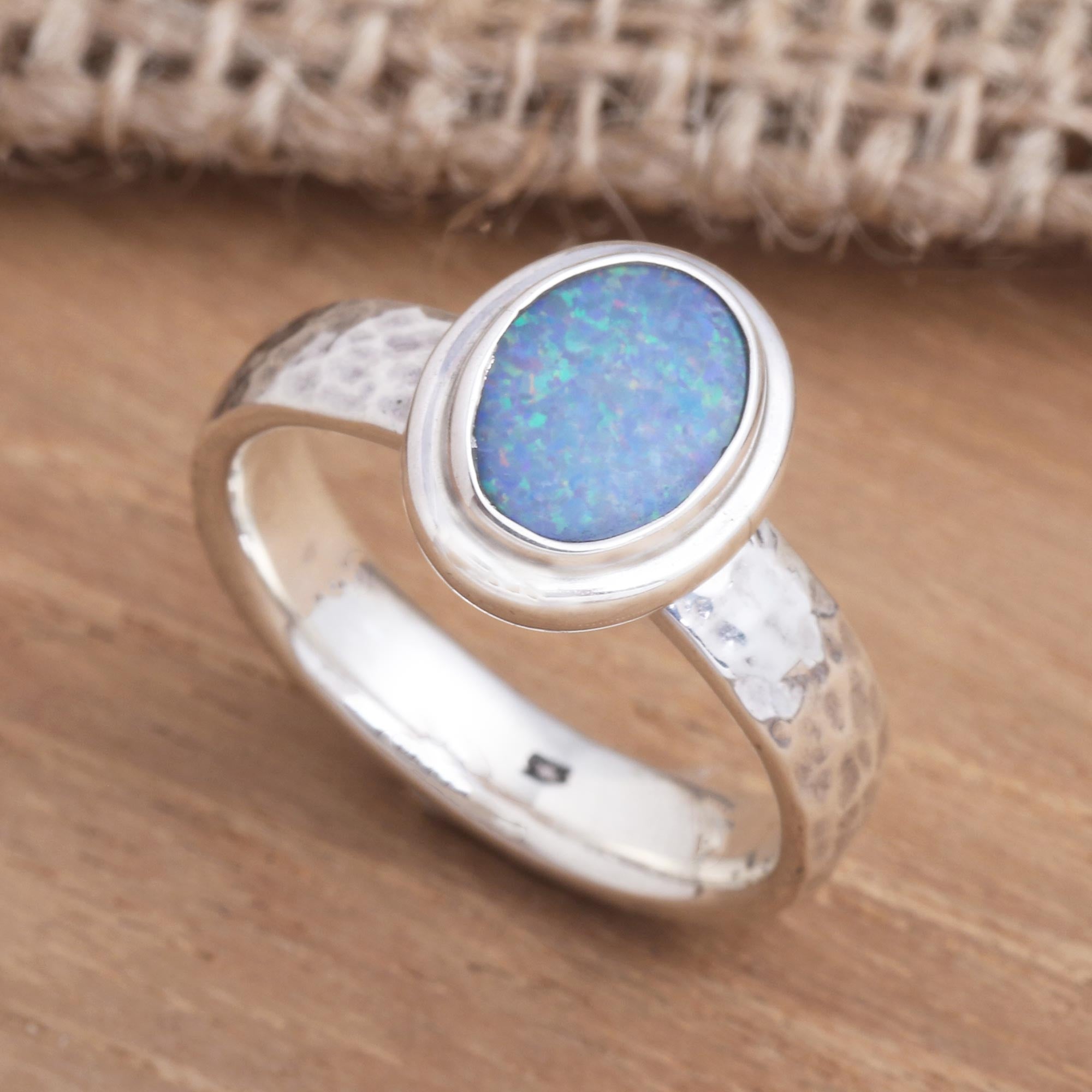 Premium Bali Blue Opal Cocktail Ring - Handcrafted Sterling Silver Jewelry