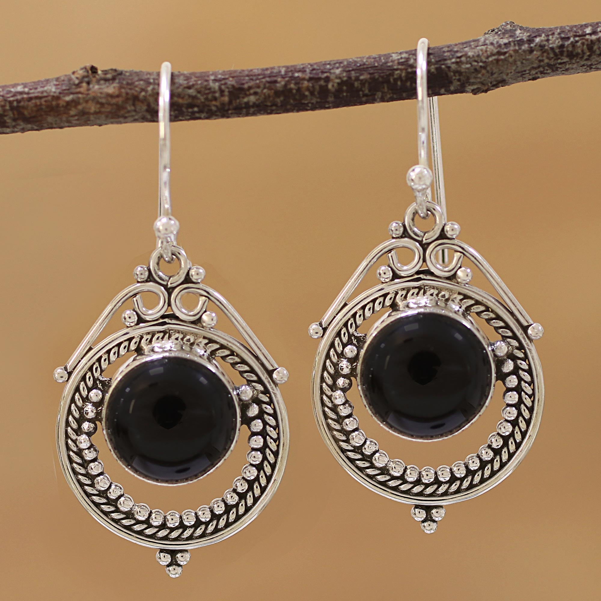 Premium Onyx Globe Sterling Silver Dangle Earrings – Handcrafted in India