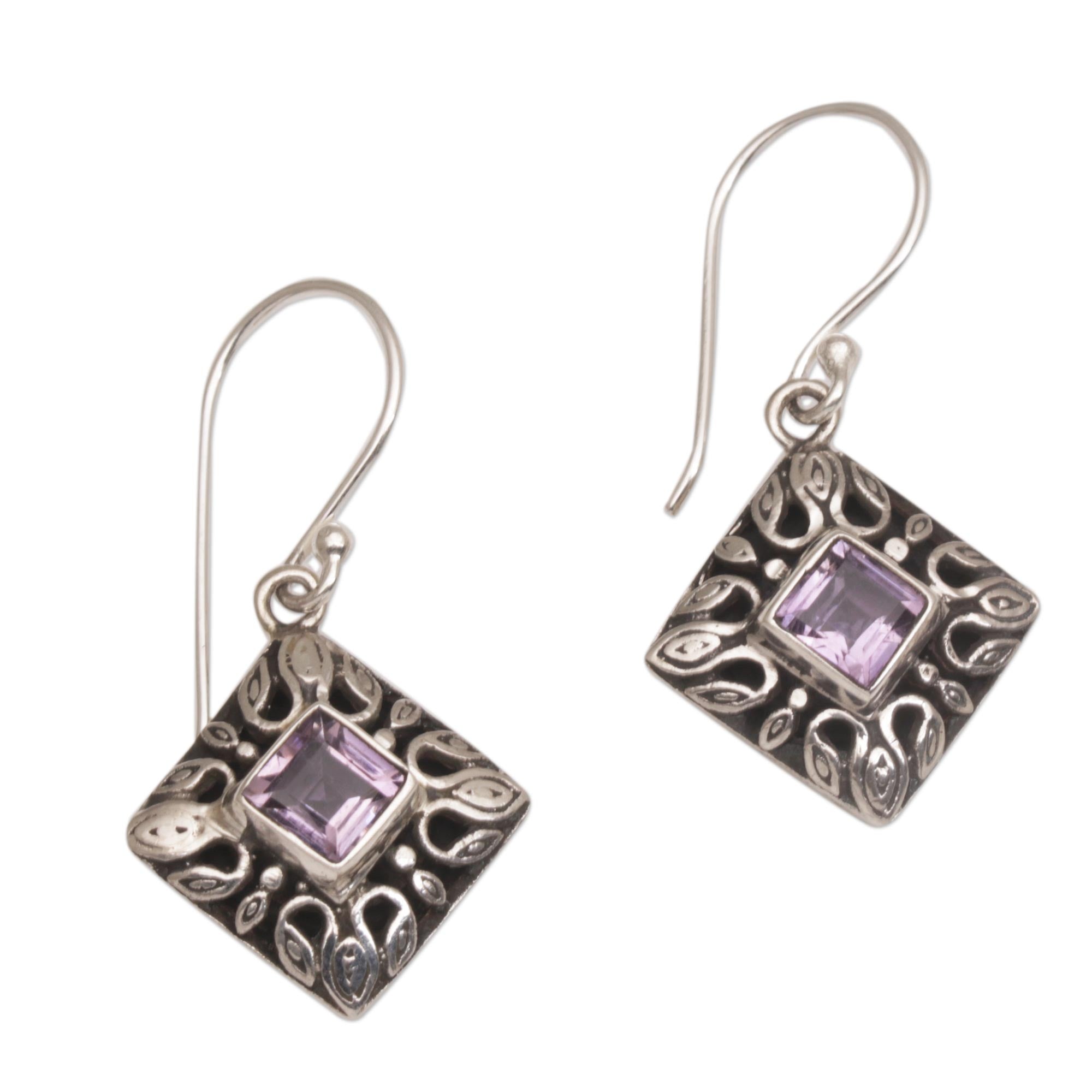 Premium Blessed Window Amethyst Dangle Earrings - Handcrafted Sterling Silver Jewelry from Bali