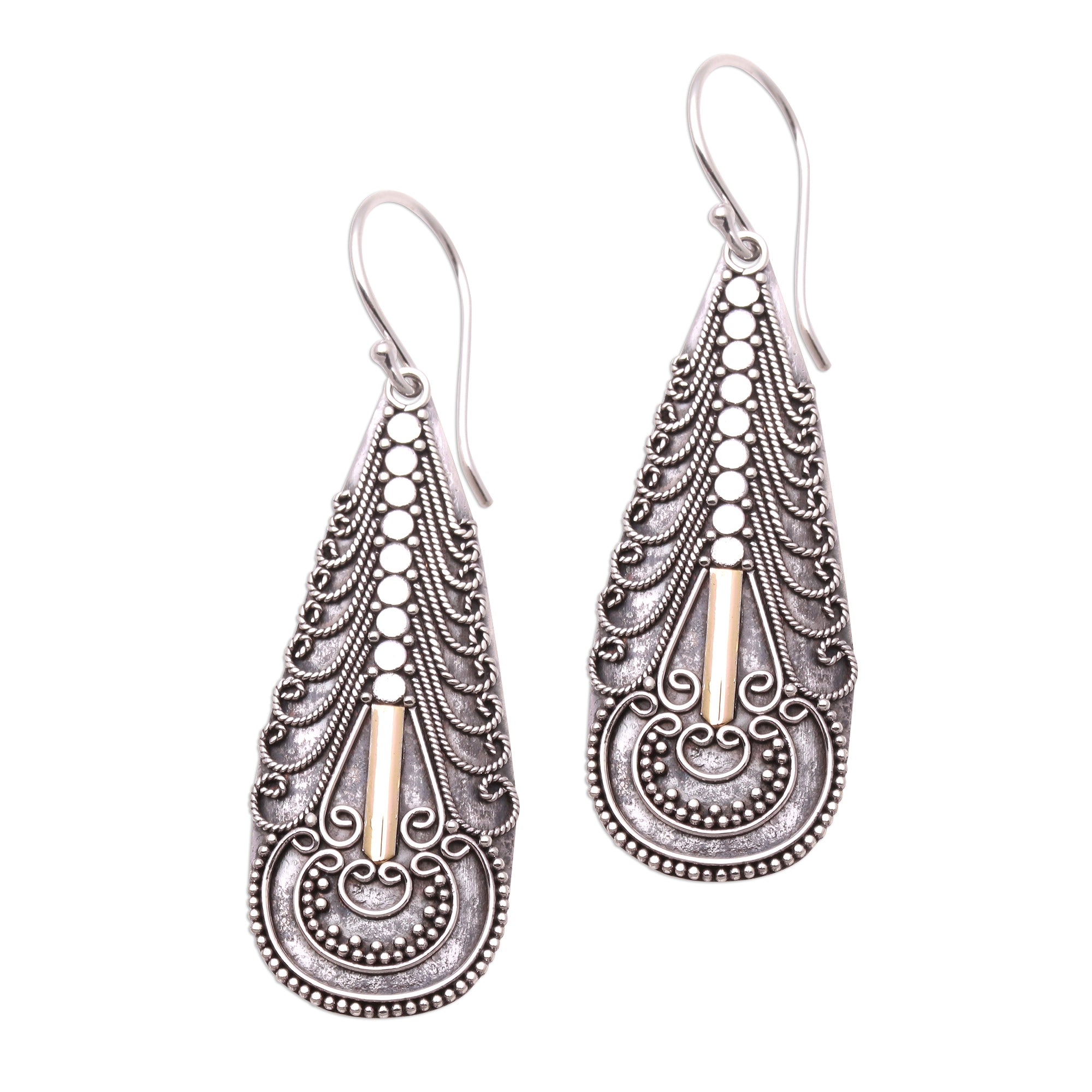 Premium Balinese Artisan Sterling Silver Dangle Earrings with 18K Gold Accents