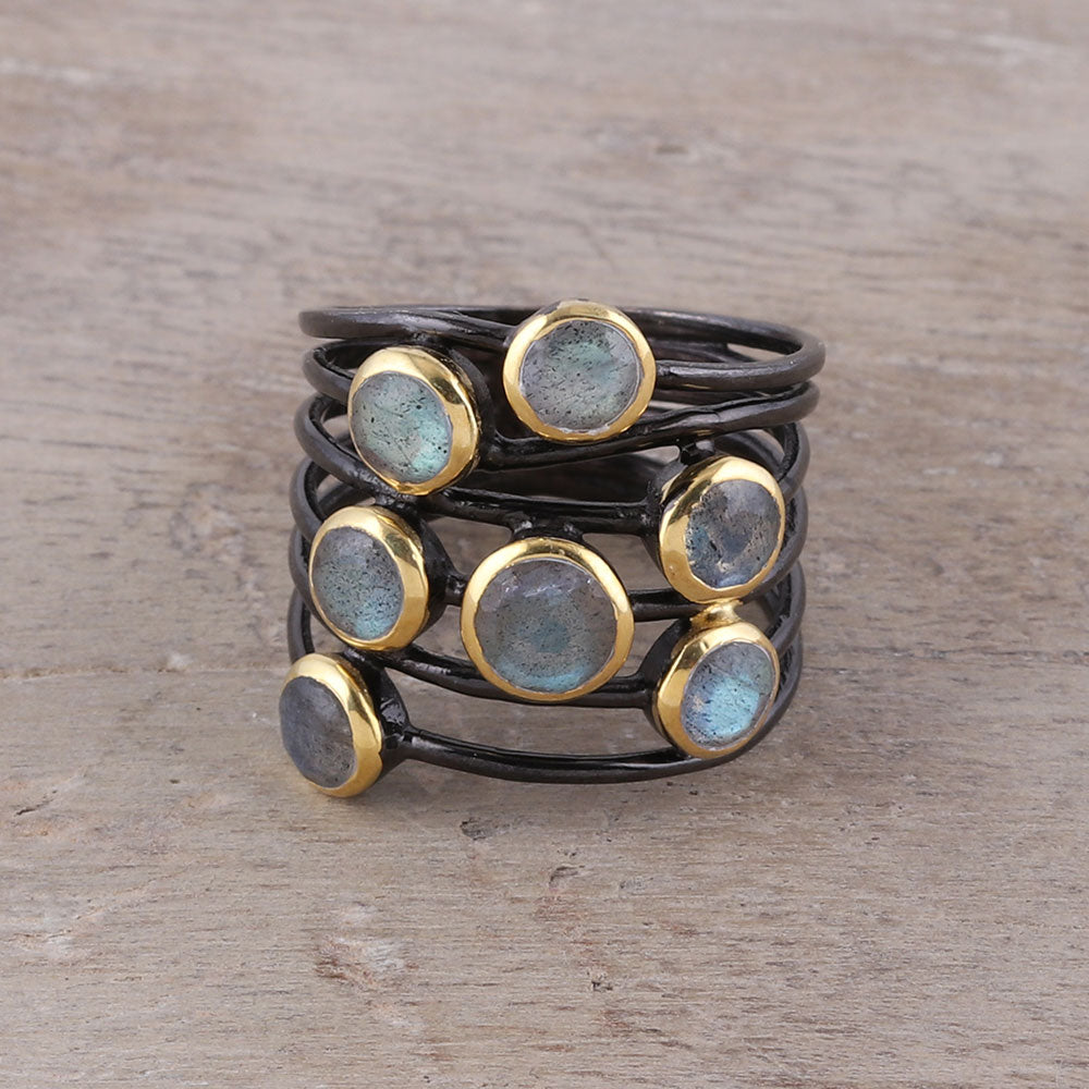 Premium Dewy Morn Gold Accent Labradorite Cocktail Ring – Handcrafted in India