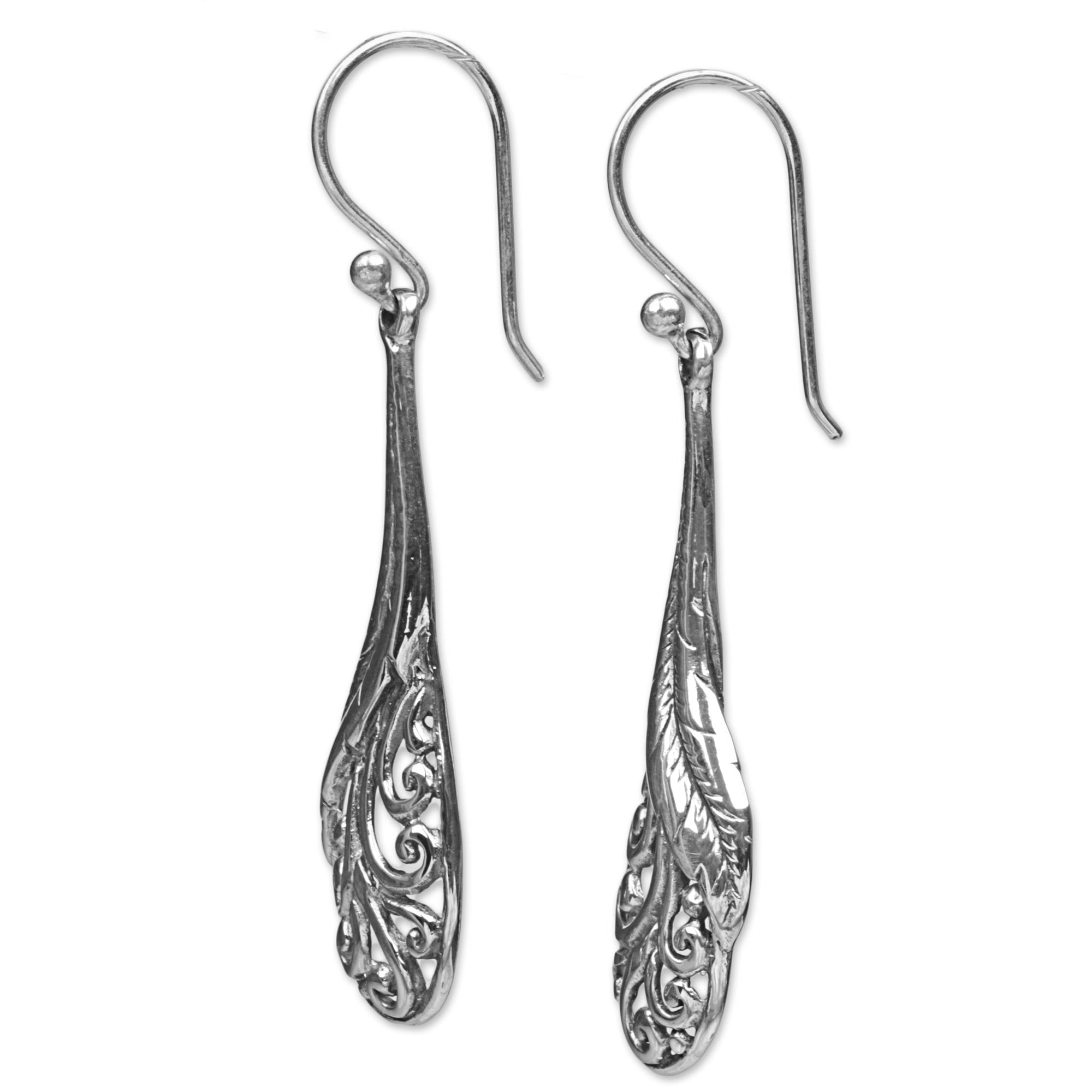 Premium Handcrafted Sterling Silver Peacock Feather Dangle Earrings - Elegant Indonesian Design