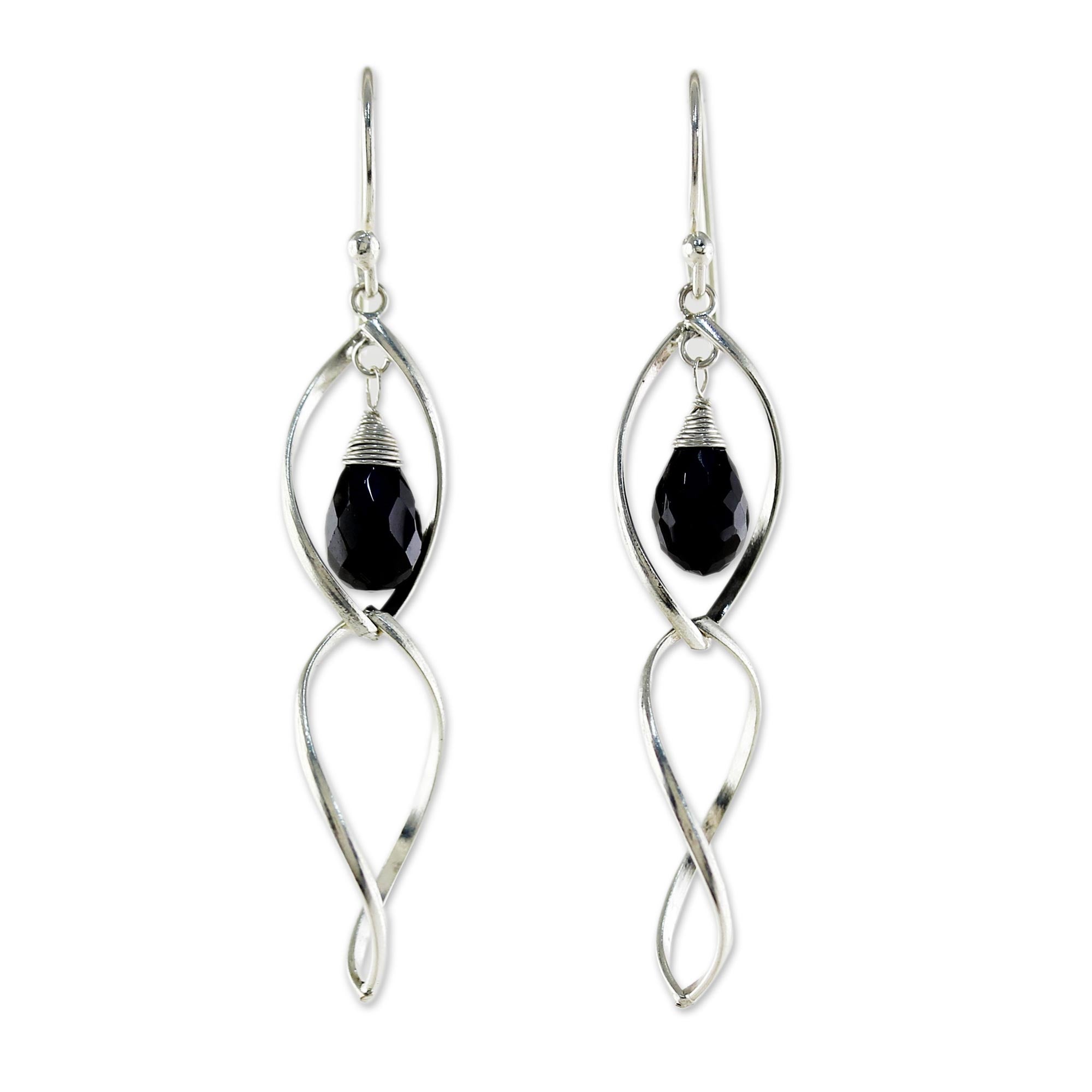 Premium Sterling Silver & Onyx Dangle Earrings - Elegant Dance Design