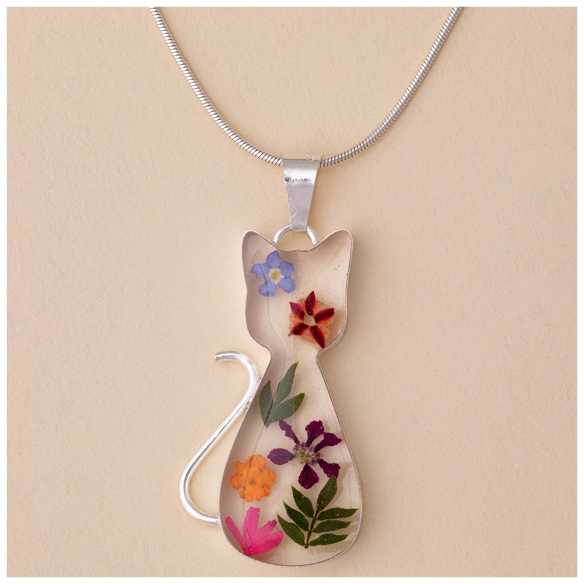 Premium Real Flower & Sterling Silver Cat Necklace