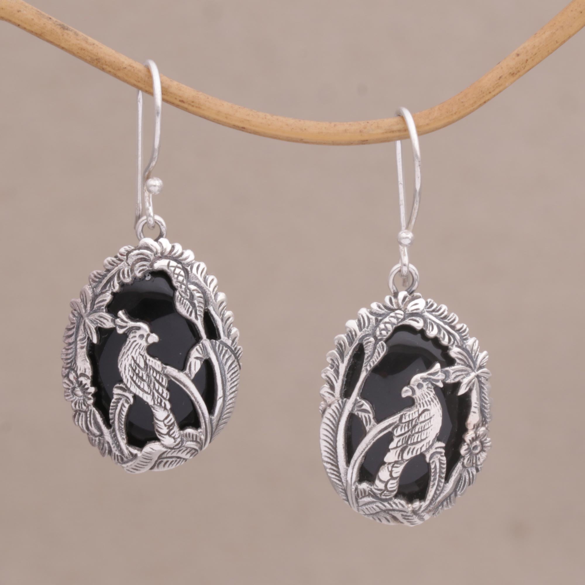 Premium Bali Cockatoo Dangle Earrings - Sterling Silver & Onyx Elegance