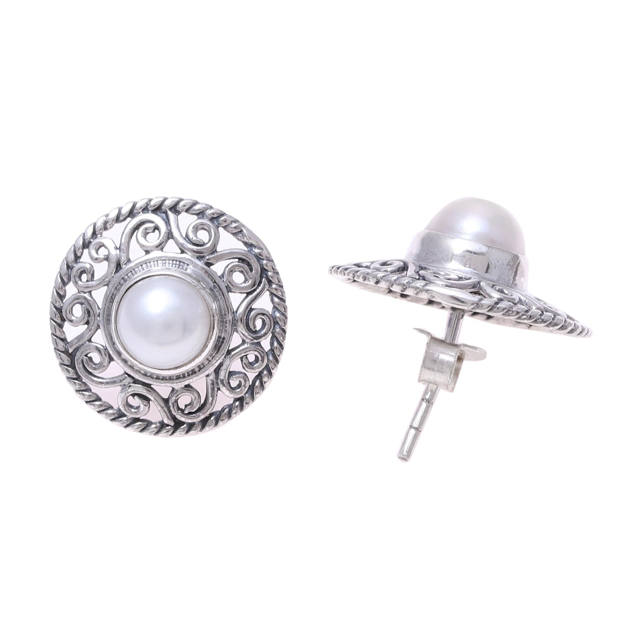 Premium Cultured Pearl Sterling Silver Scrollwork Button Earrings by Shanker