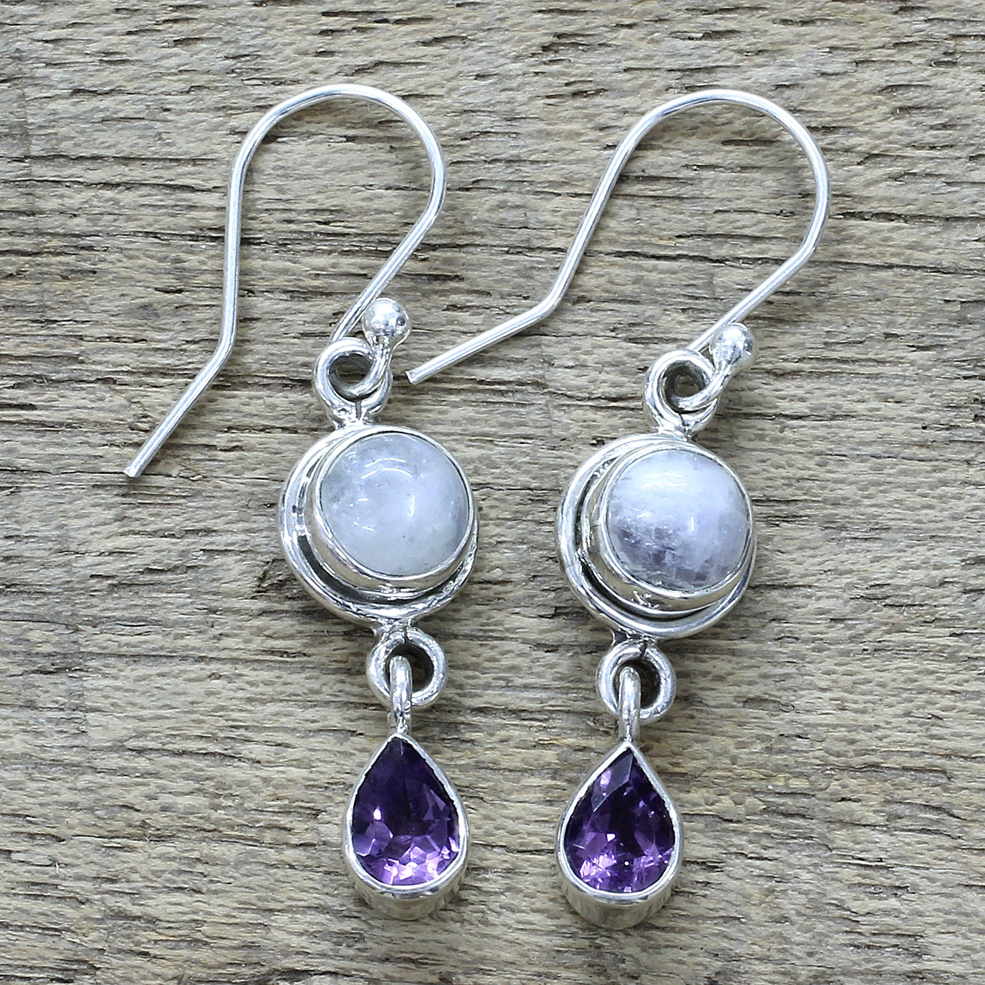 Premium Purple Droplets Amethyst & Rainbow Moonstone Dangle Earrings - Handcrafted in India