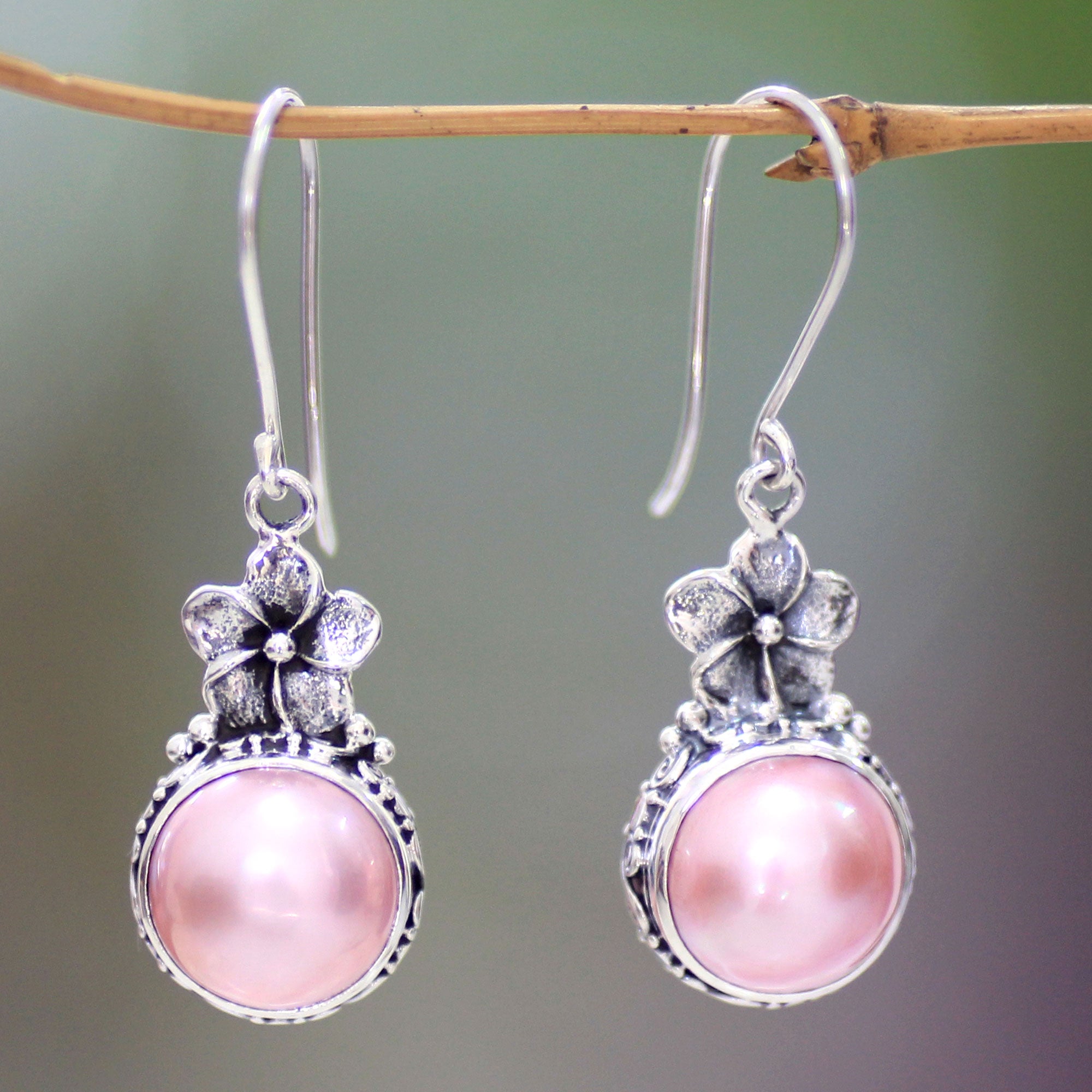 Premium Pink Frangipani Pearl Dangle Earrings - Silver Elegance