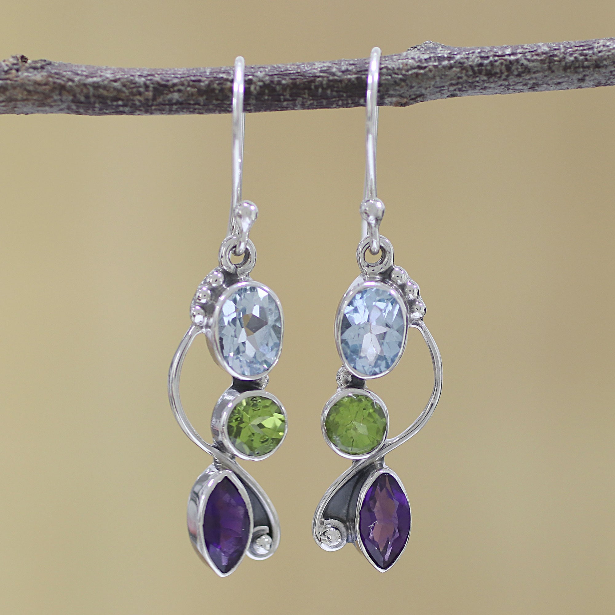 Ultimate Shimmering Alliance: Blue Topaz, Peridot & Amethyst Sterling Silver Dangle Earrings