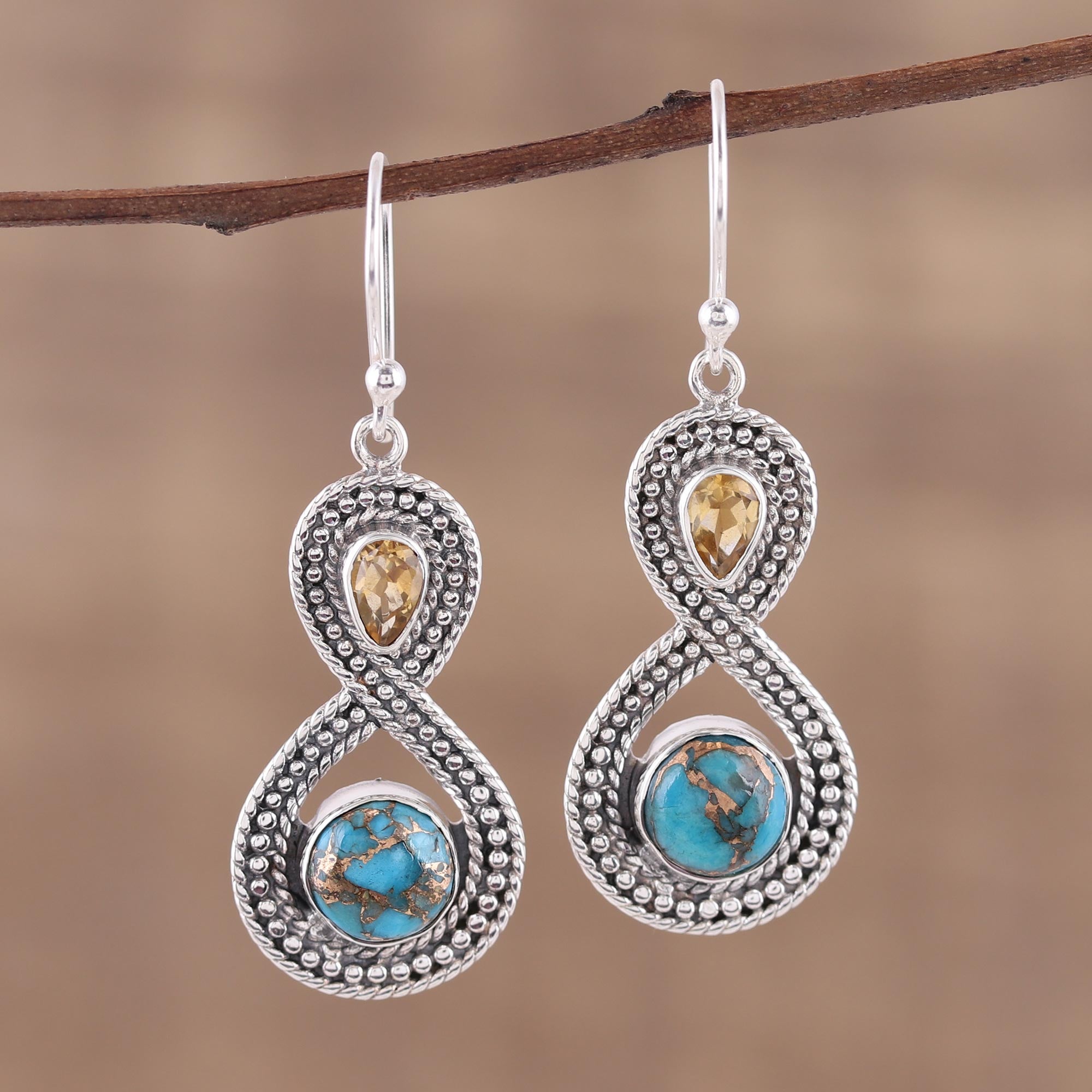 Premium Infinity Indian Citrine & Turquoise Dangle Earrings