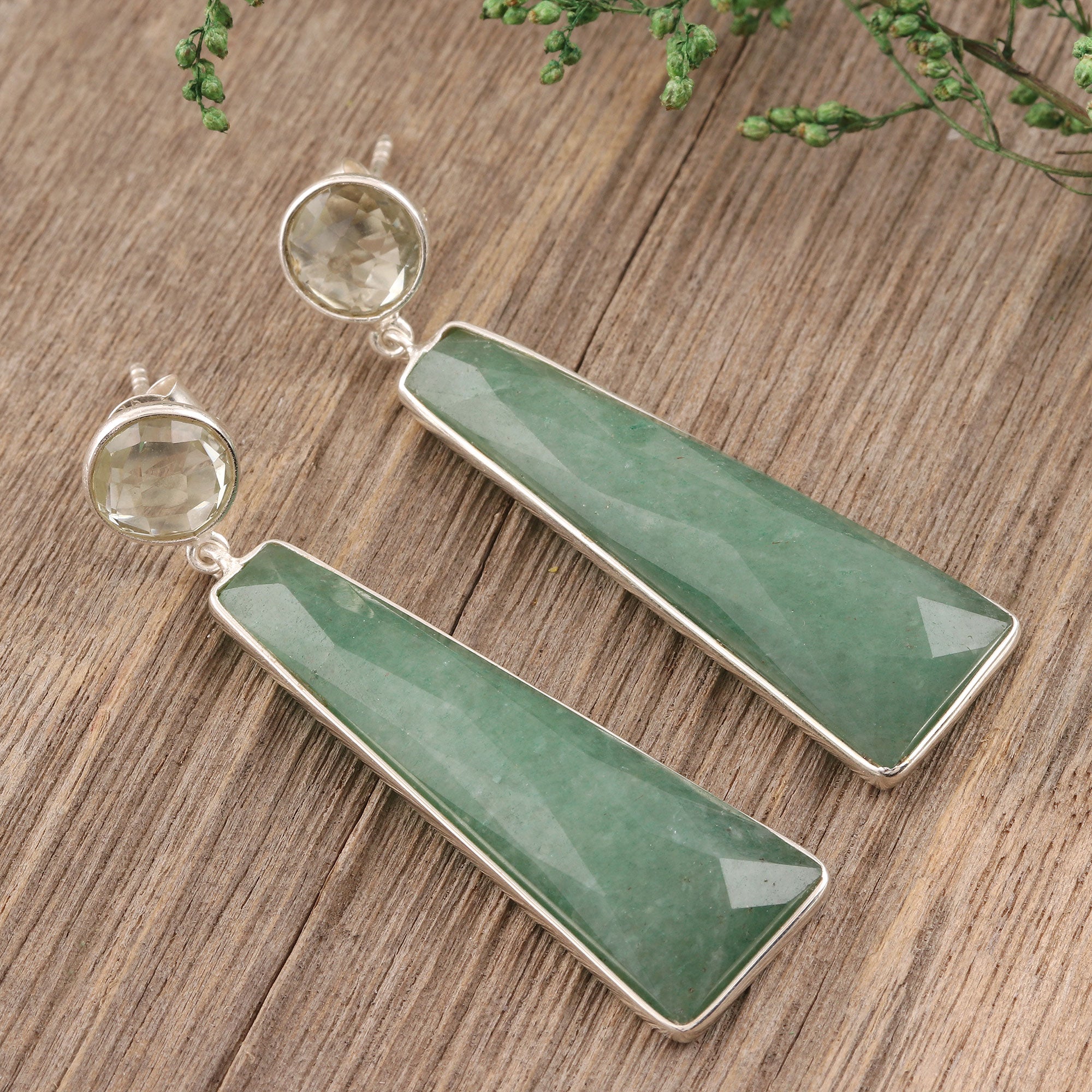 Premium Green Towers Dangle Earrings - Aventurine & Prasiolite Silver Jewelry