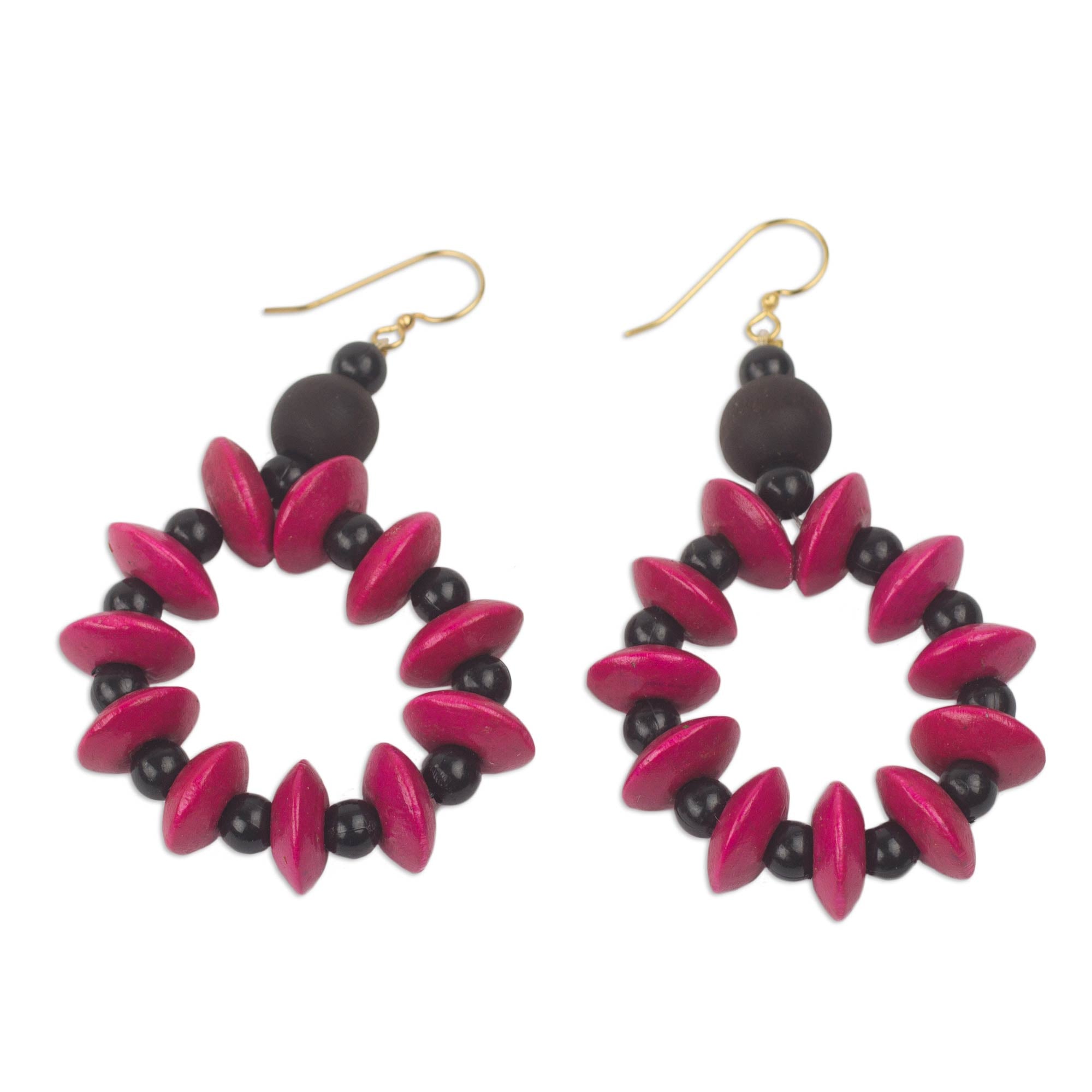 Premium Handcrafted Magenta Sese Wood Dangle Earrings from Ghana - Bloom Collection