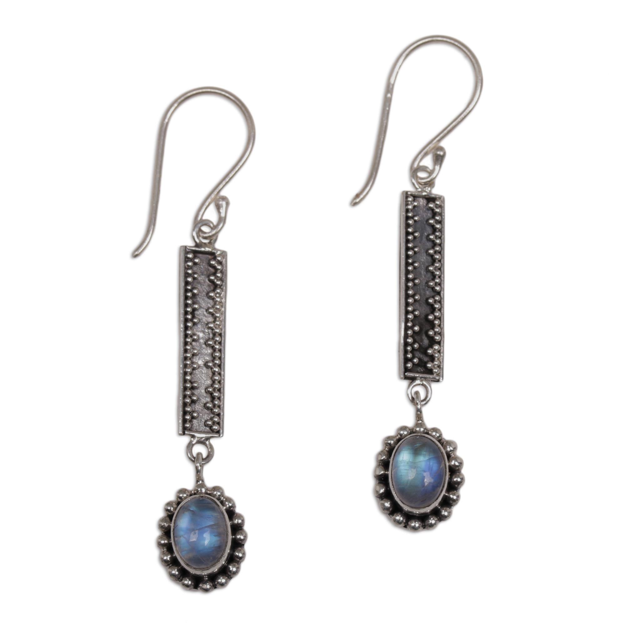 Premium Handcrafted Rainbow Moonstone Dangle Earrings from Bali - Falling Rainbow Drops