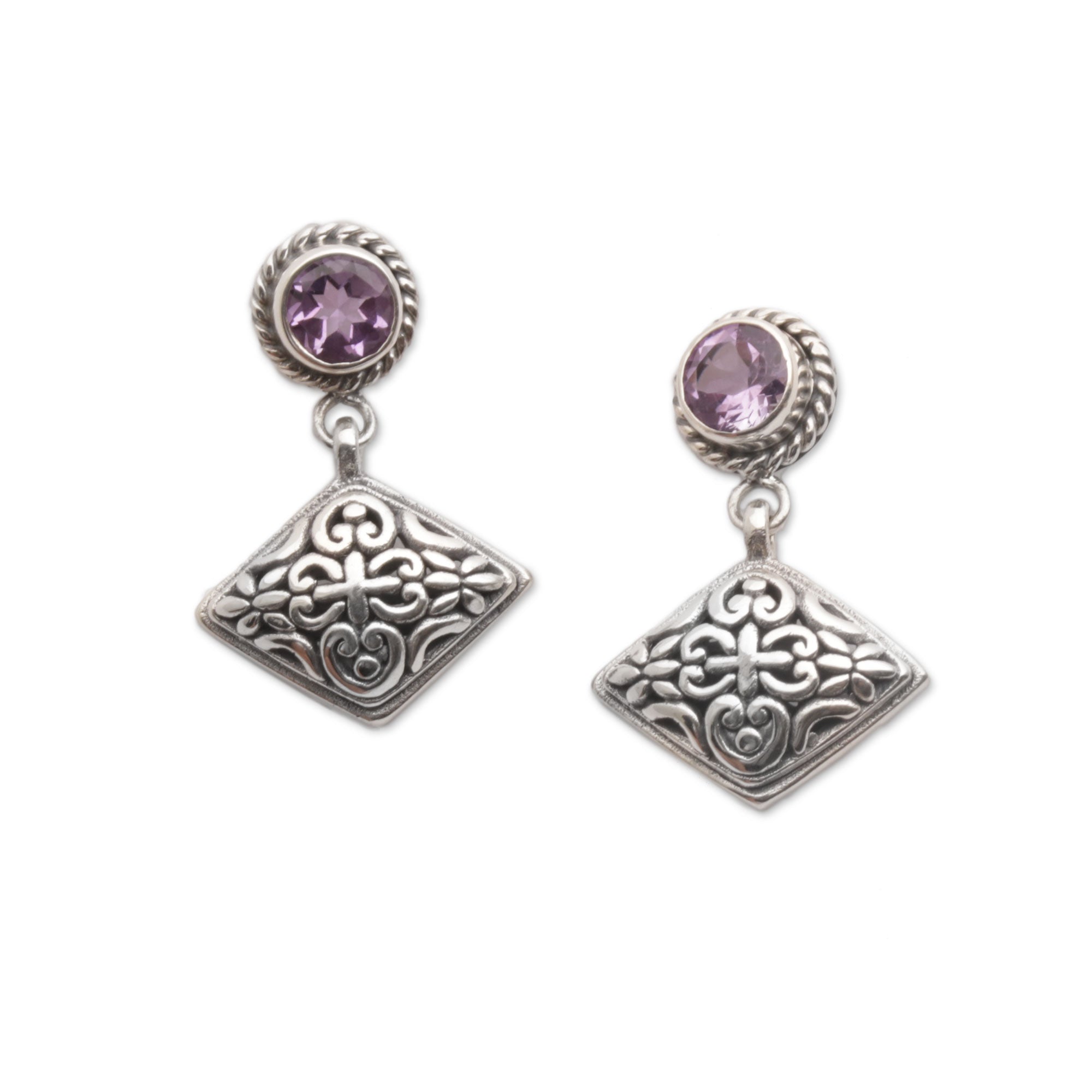 Premium Amethyst & Diamond Dangle Earrings - Handcrafted Bali Sterling Silver Jewelry