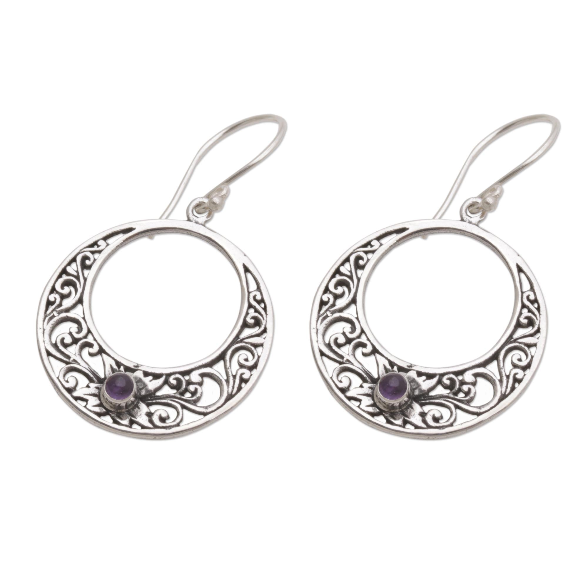 Premium Crescent Spirals Amethyst Dangle Earrings - Handcrafted 925 Sterling Silver Jewelry from Bali