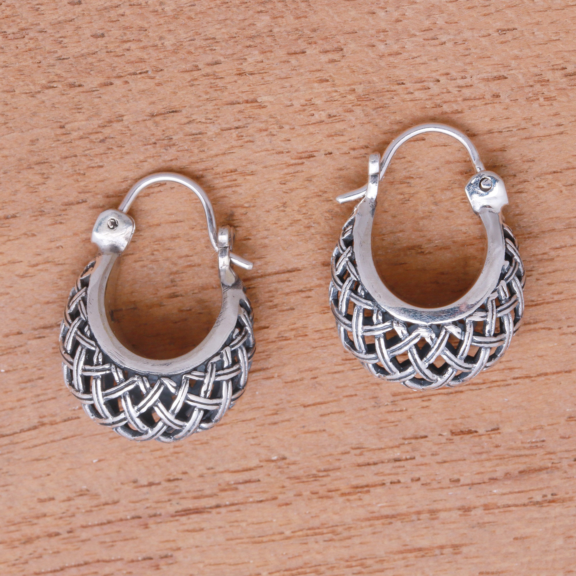 Premium Bali Sterling Silver Hoop Earrings – Intricate Woven Basket Design