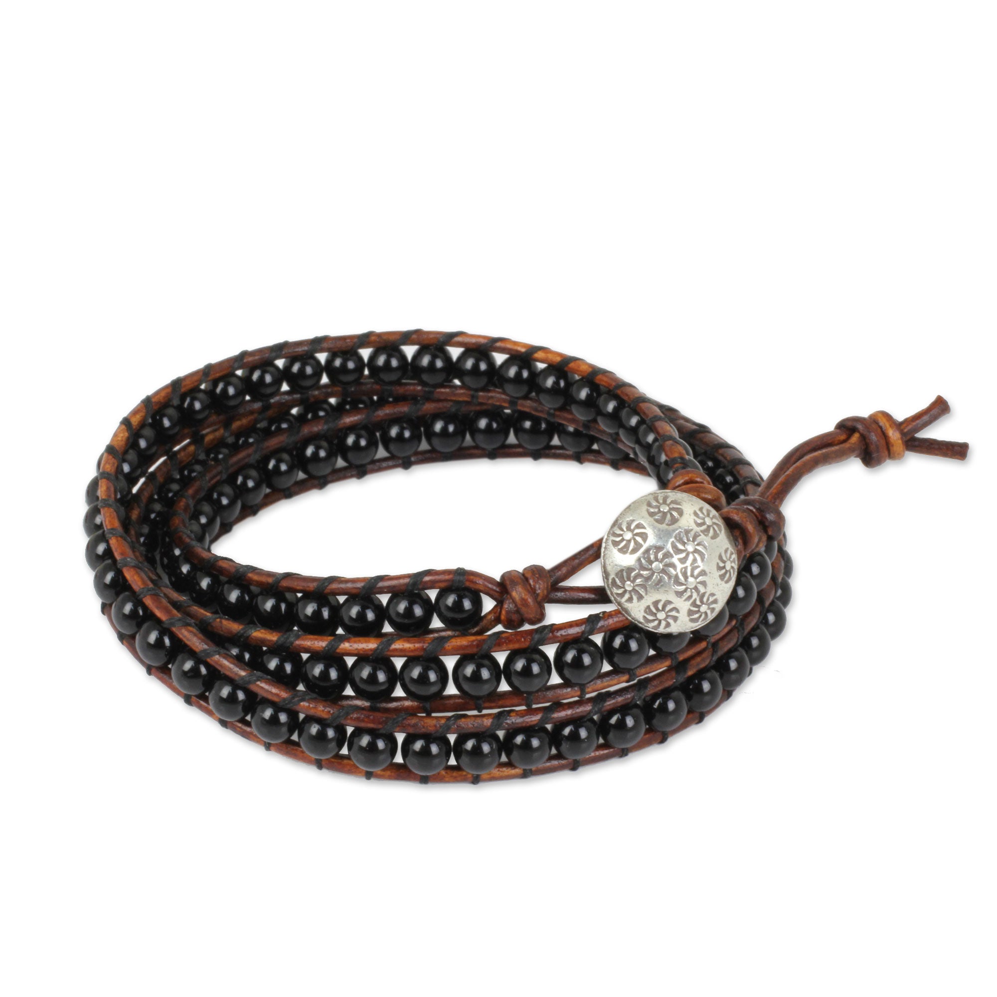 Premium Surin Night Onyx & Leather Wrap Bracelet with Hill Tribe Silver Clasp