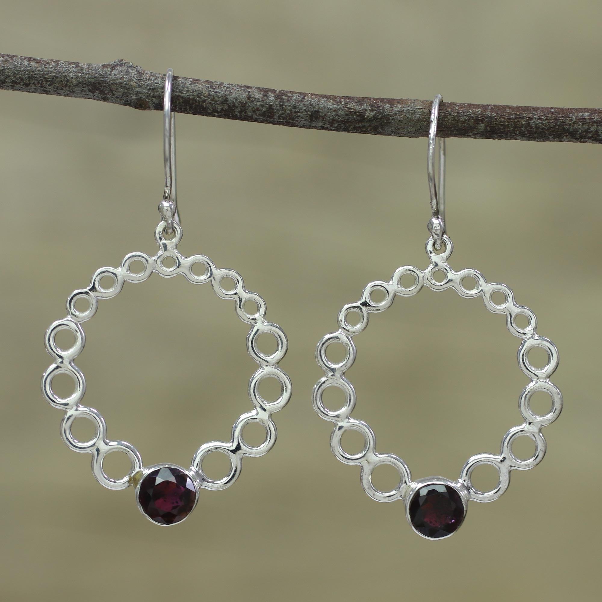 Premium Halo Circle Garnet Dangle Earrings - Handcrafted Sterling Silver Jewelry from India