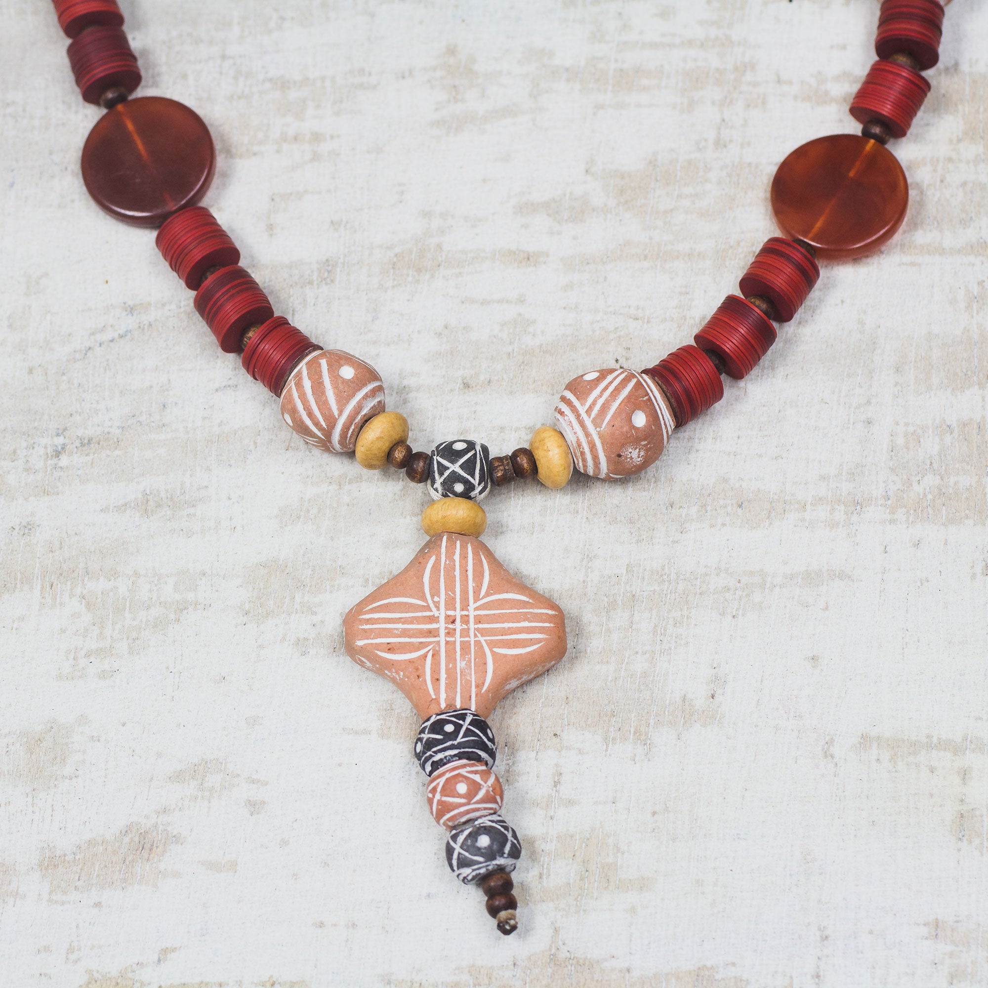 Premium African Queen of Peace Agate & Ceramic Pendant Necklace - Handcrafted Elegance