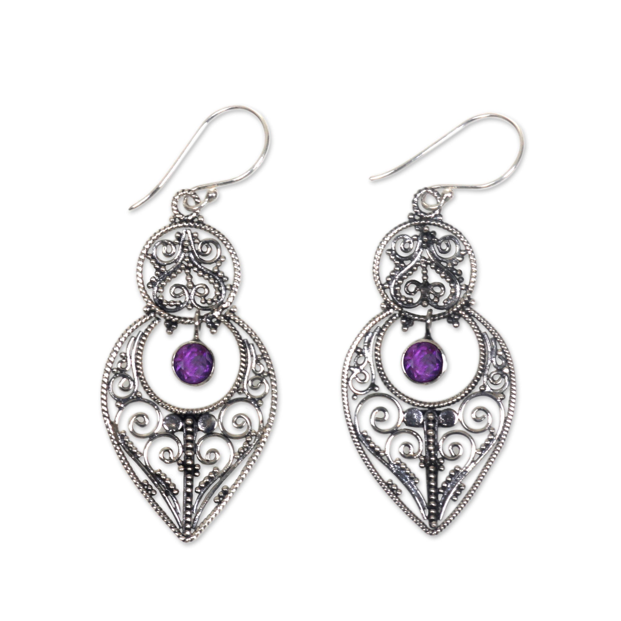 Premium Majapahit Amethyst Sterling Silver Dangle Earrings - Bali Handcrafted Jewelry