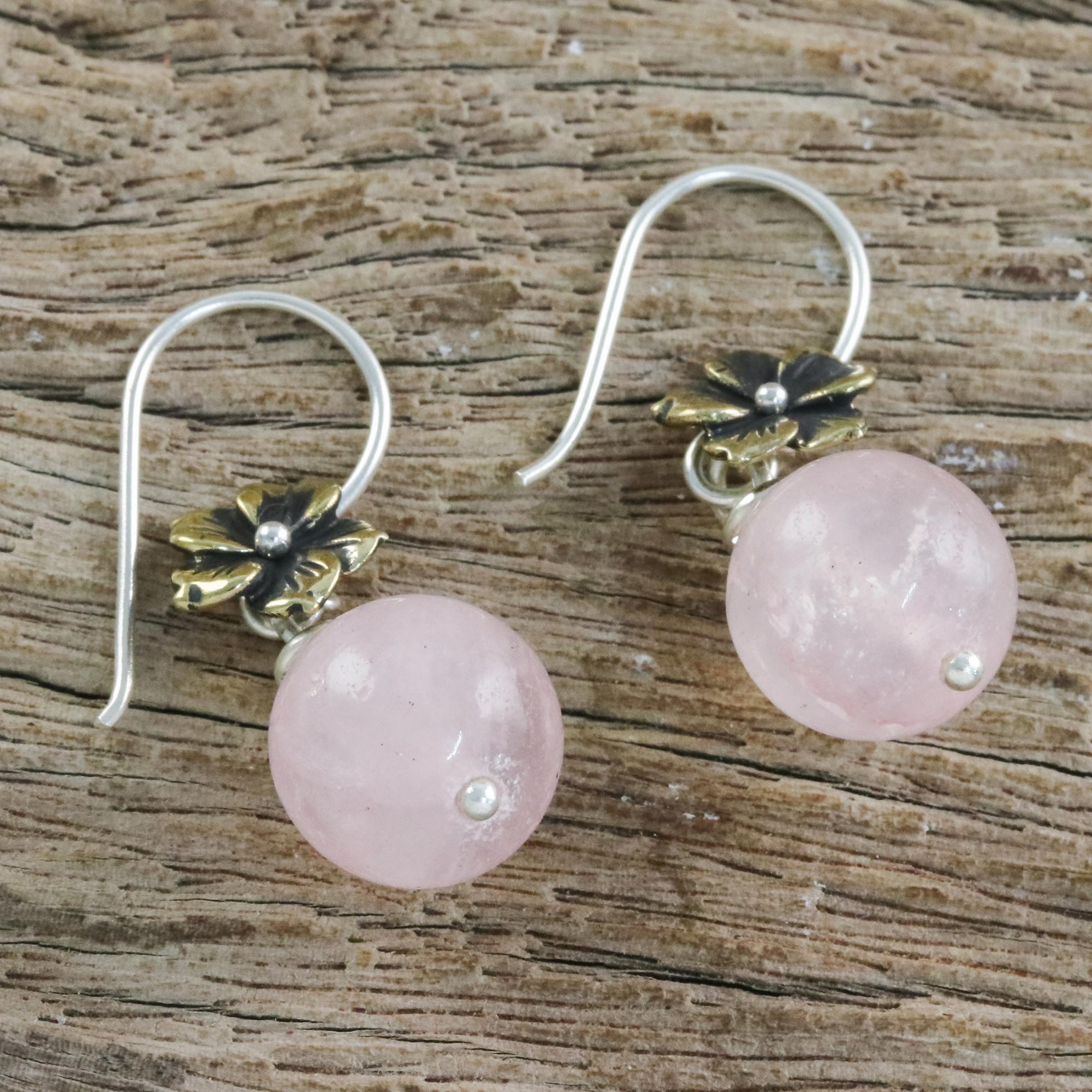 Premium Lunar Florescence Rose Quartz Dangle Earrings with Brass Flower