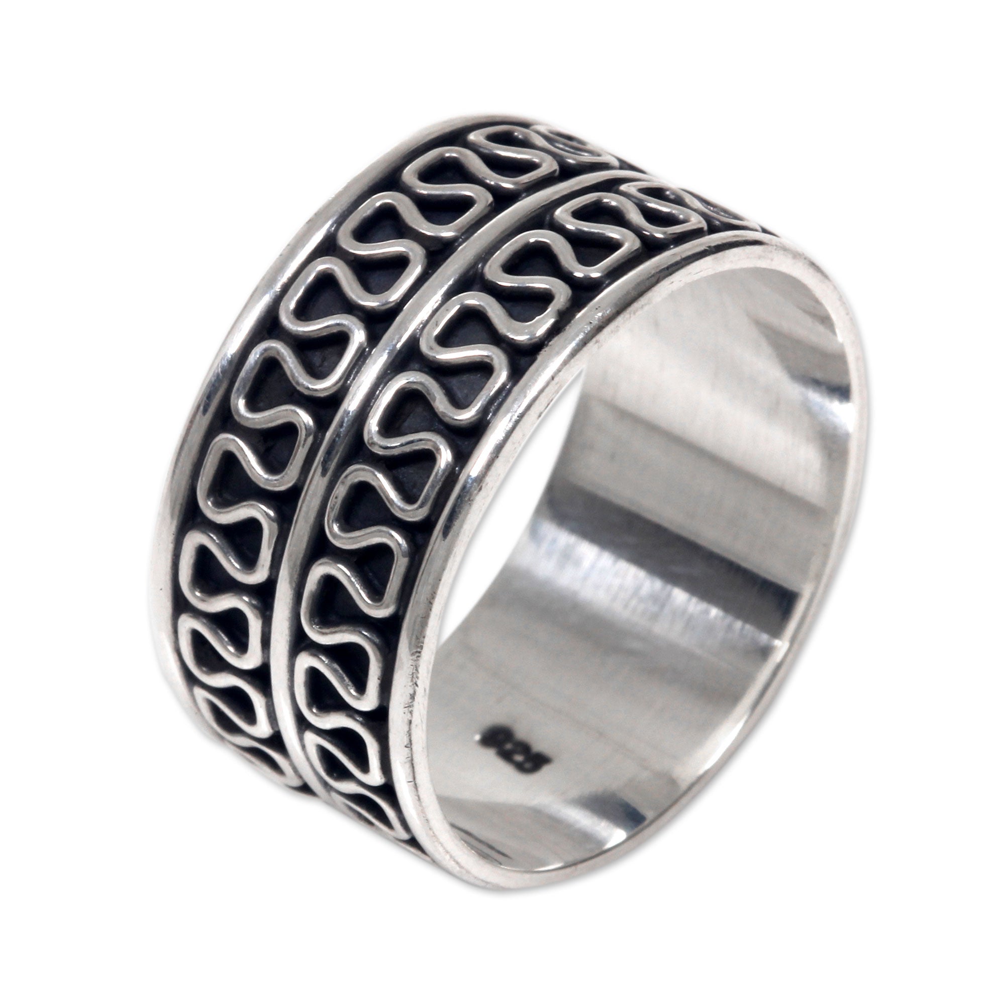 Premium Ripple Tides Men's Sterling Silver Band Ring - Artisan Crafted, Double Band Illusion