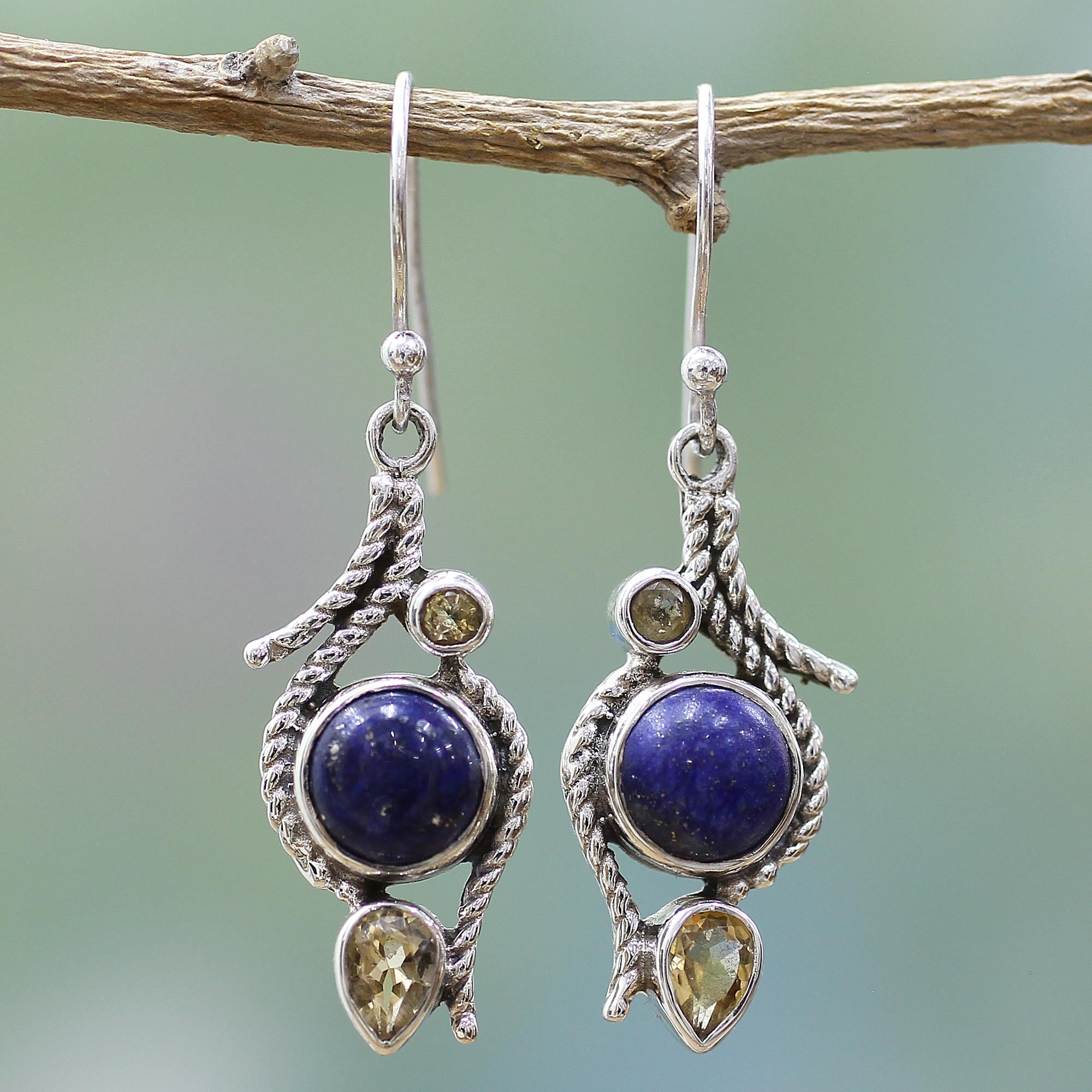 Premium Starry Bliss Lapis Lazuli & Citrine Sterling Silver Dangle Earrings - Handcrafted in India