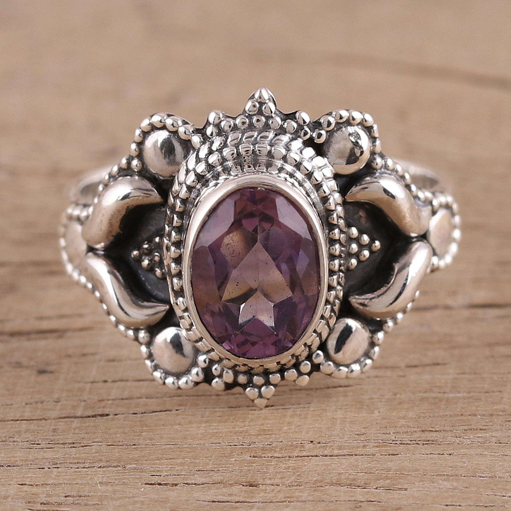 Premium Ethereal Tendrils Oval Amethyst Sterling Silver Cocktail Ring - Handcrafted in India