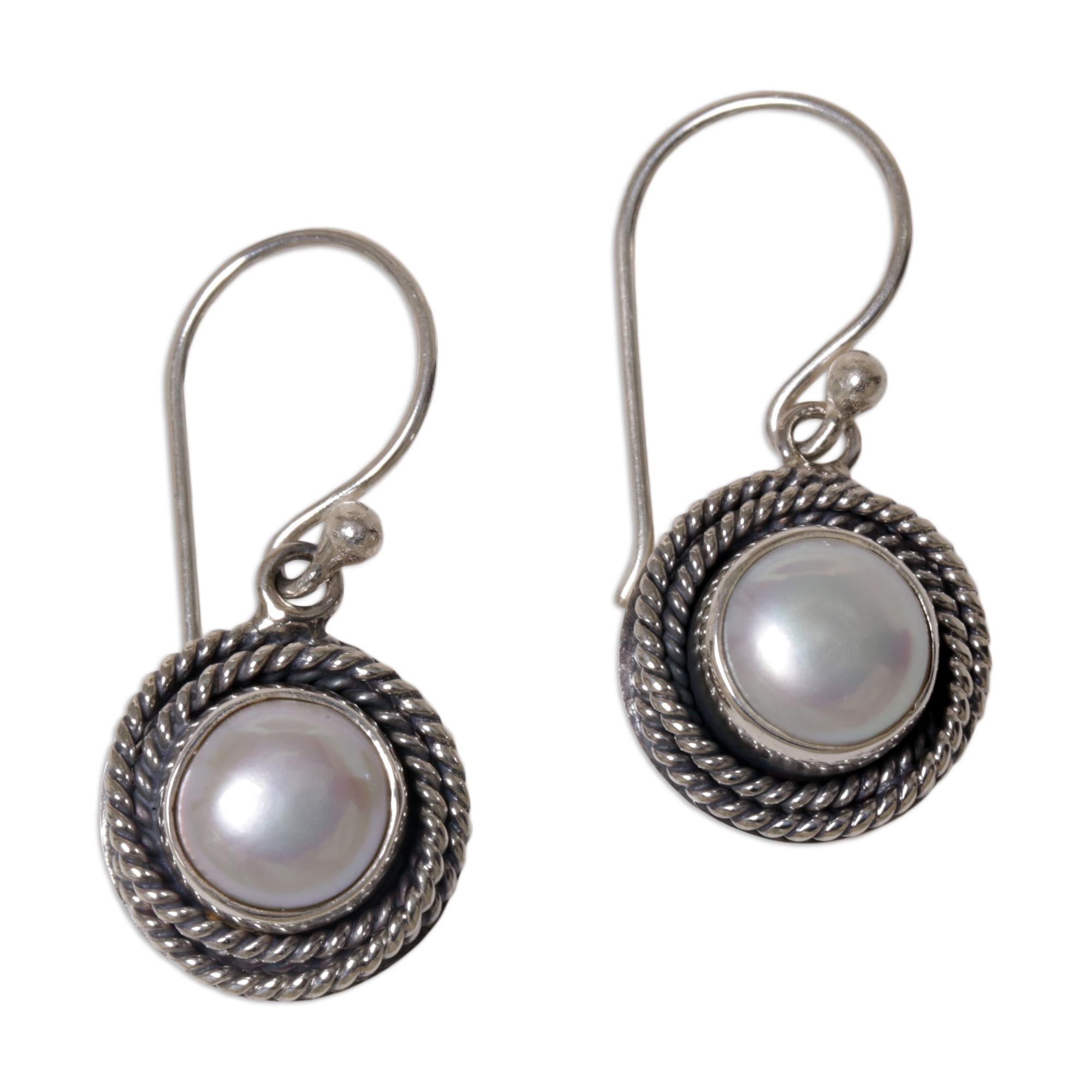 Premium White Cultured Pearl Dangle Earrings with Sterling Silver Rope Design