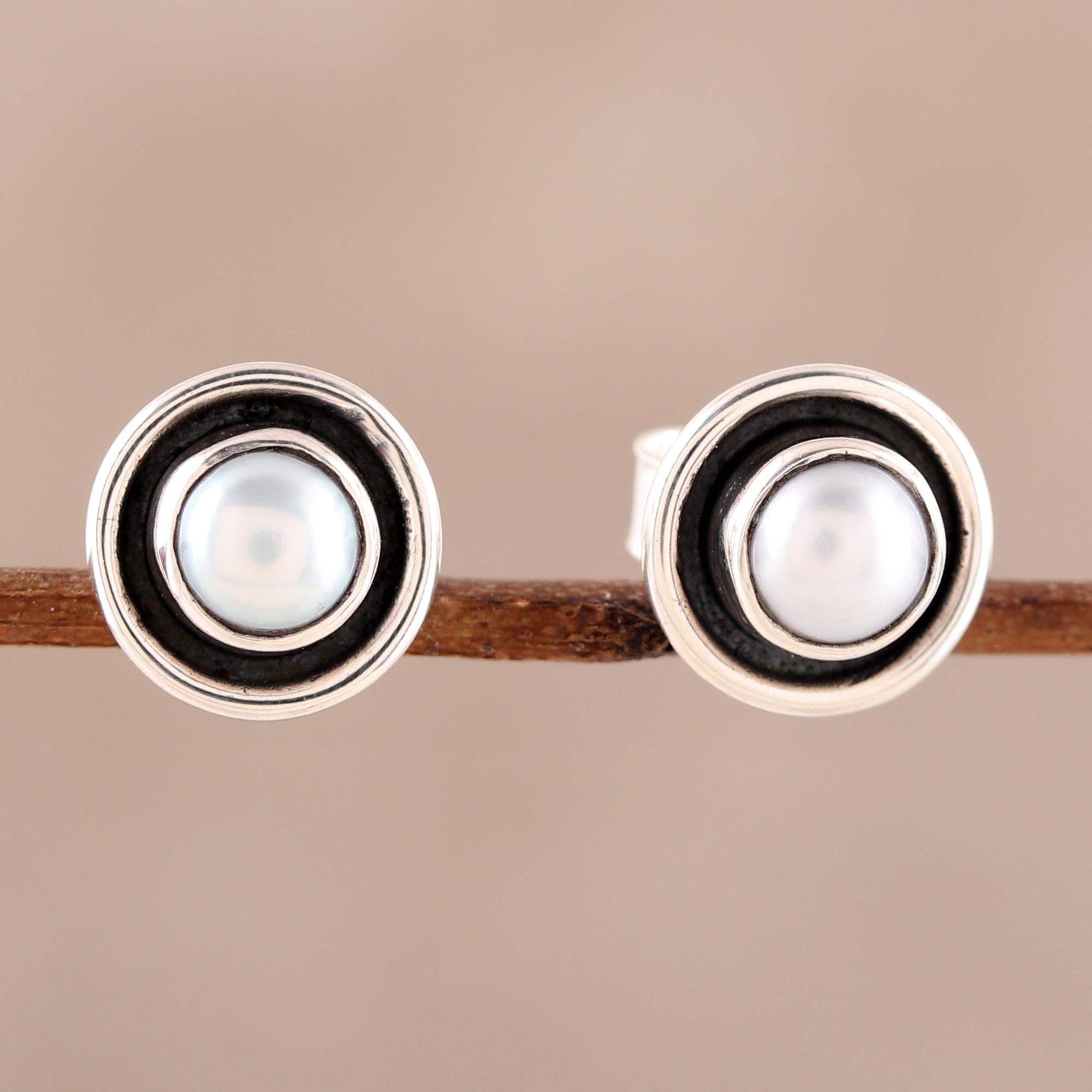 Premium Circular Cultured Pearl Stud Earrings - Sterling Silver Frames