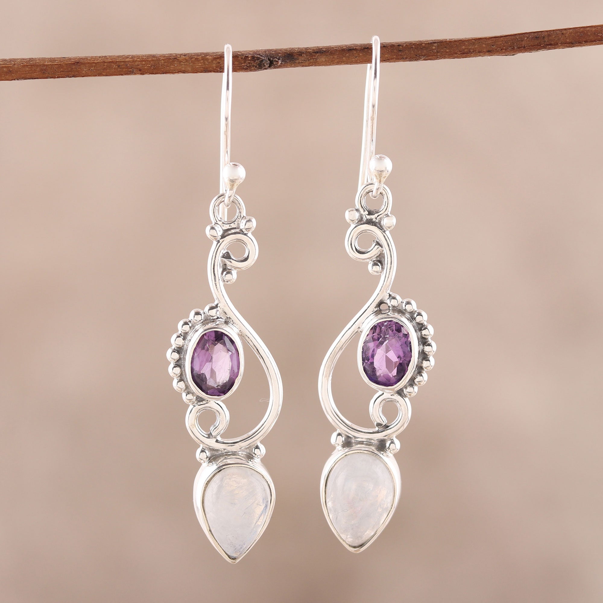 Premium Mystical Swirl Earrings: Rainbow Moonstone & Amethyst