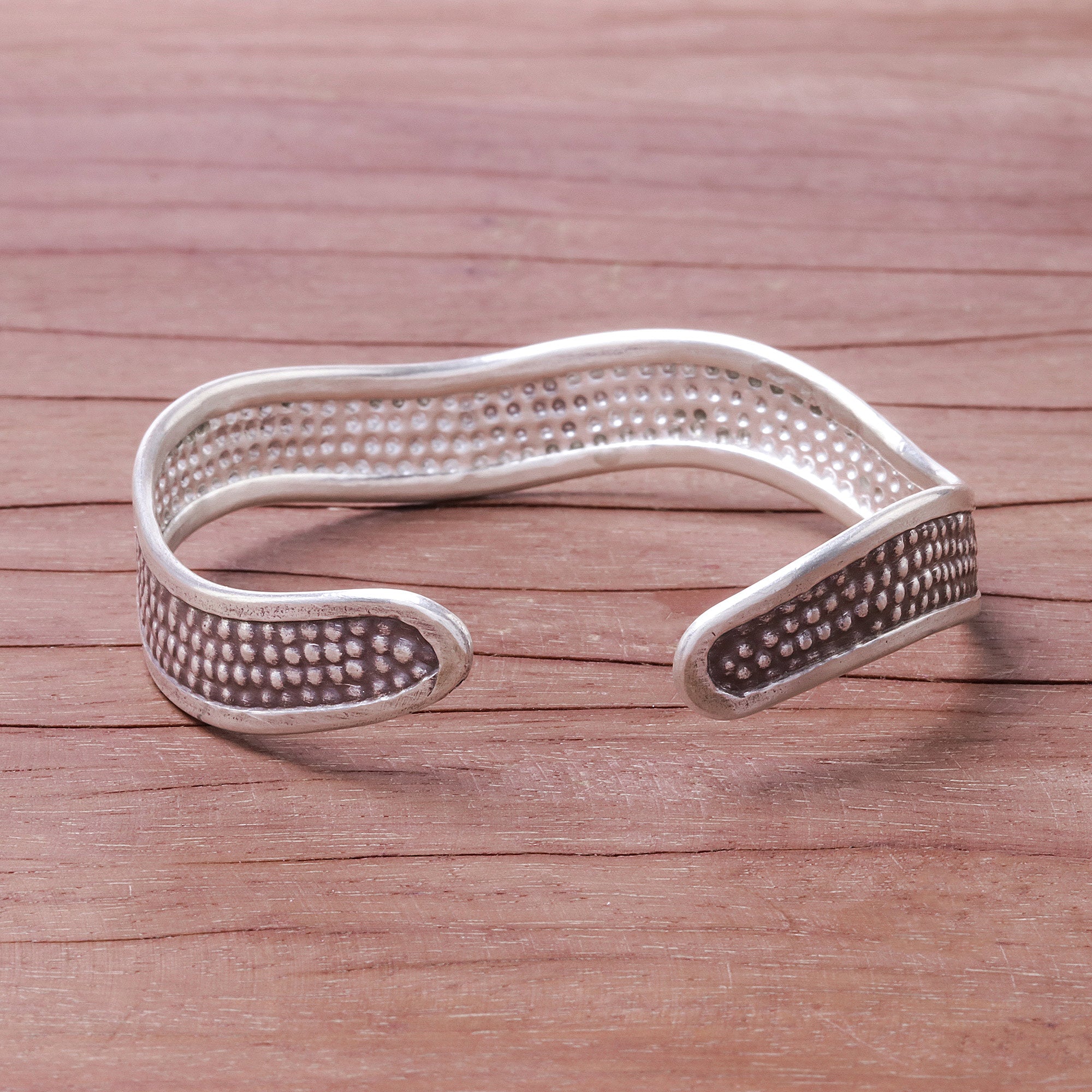 Premium Karen Silver Wave Cuff Bracelet - Handcrafted Textured Design