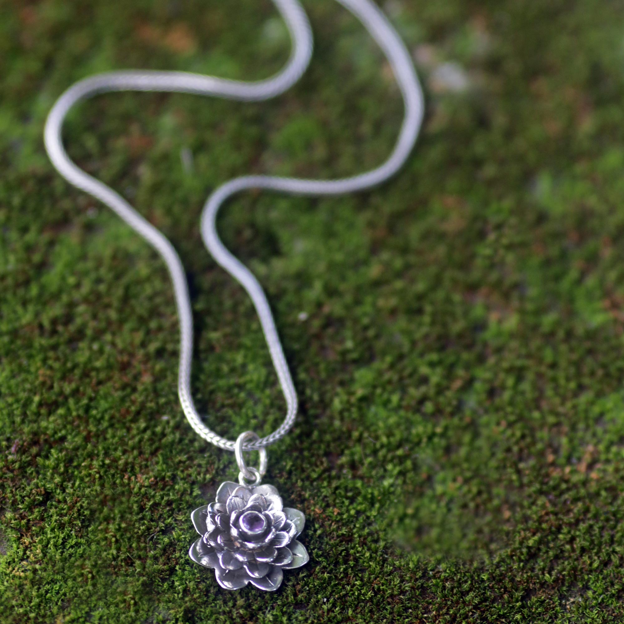 Premium Sacred Lilac Lotus Pendant Necklace - Handmade Sterling Silver & Amethyst