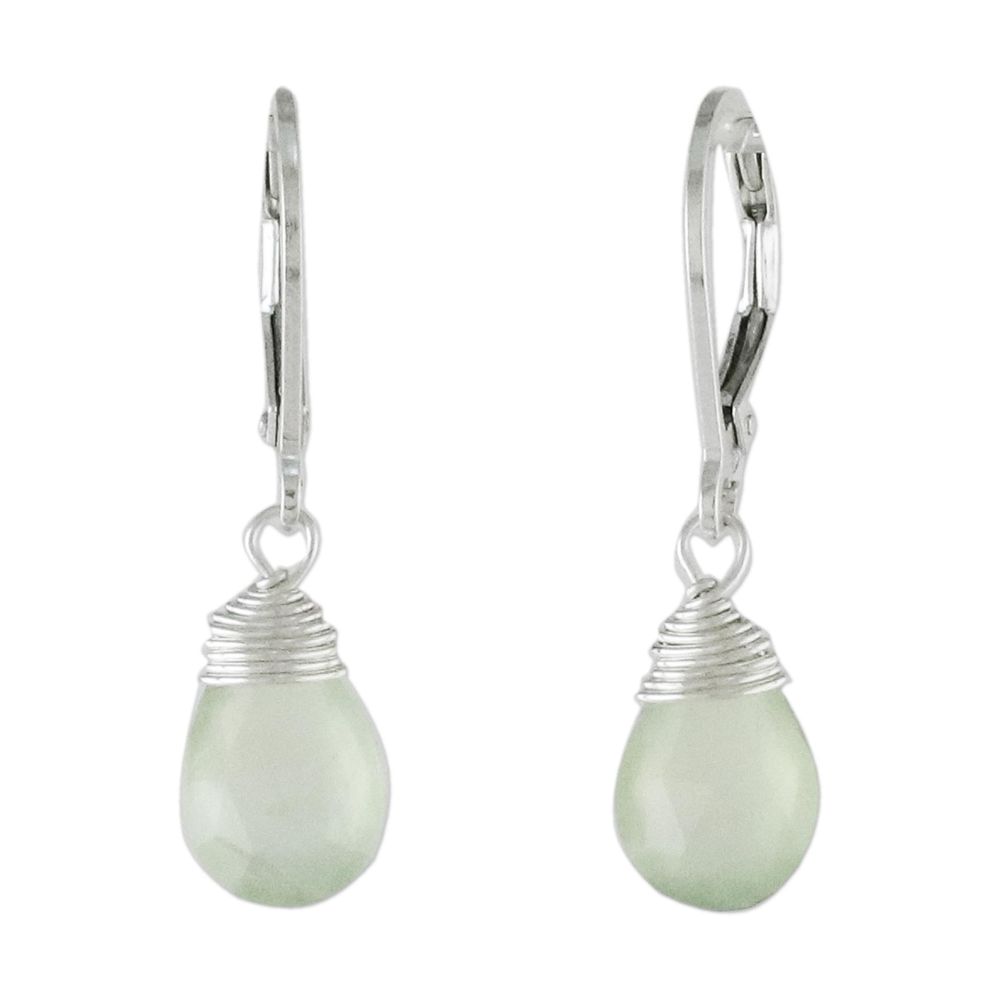 Premium Prehnite Teardrop Dangle Earrings in Sterling Silver - Glamorous Thai Design