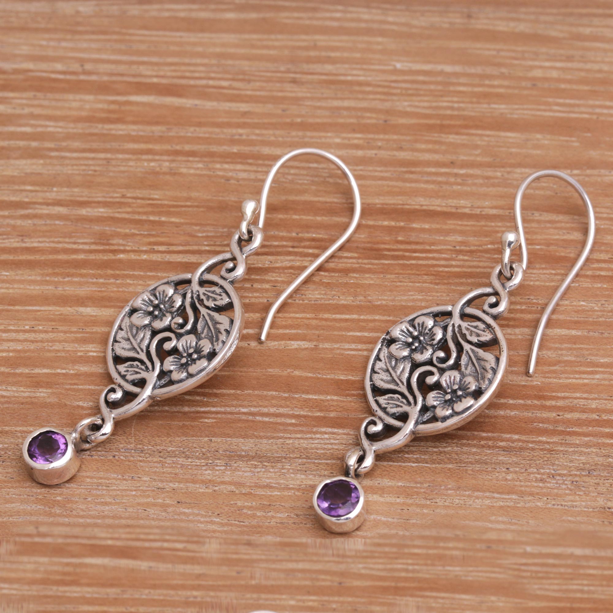 Premium Balinese Amethyst Floral Dangle Earrings in Sterling Silver