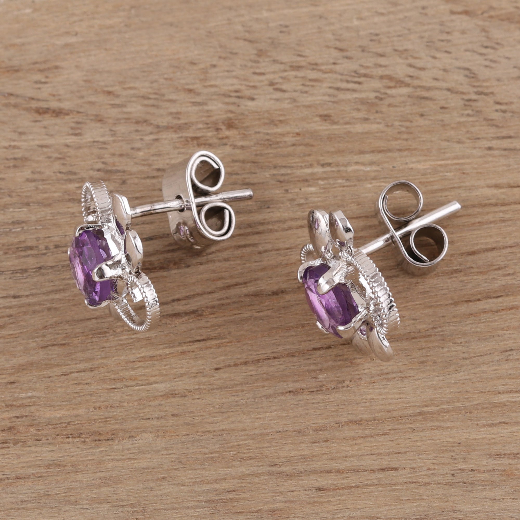 Premium Glittering Purple Amethyst Stud Earrings – Handcrafted Rhodium-Plated Sterling Silver