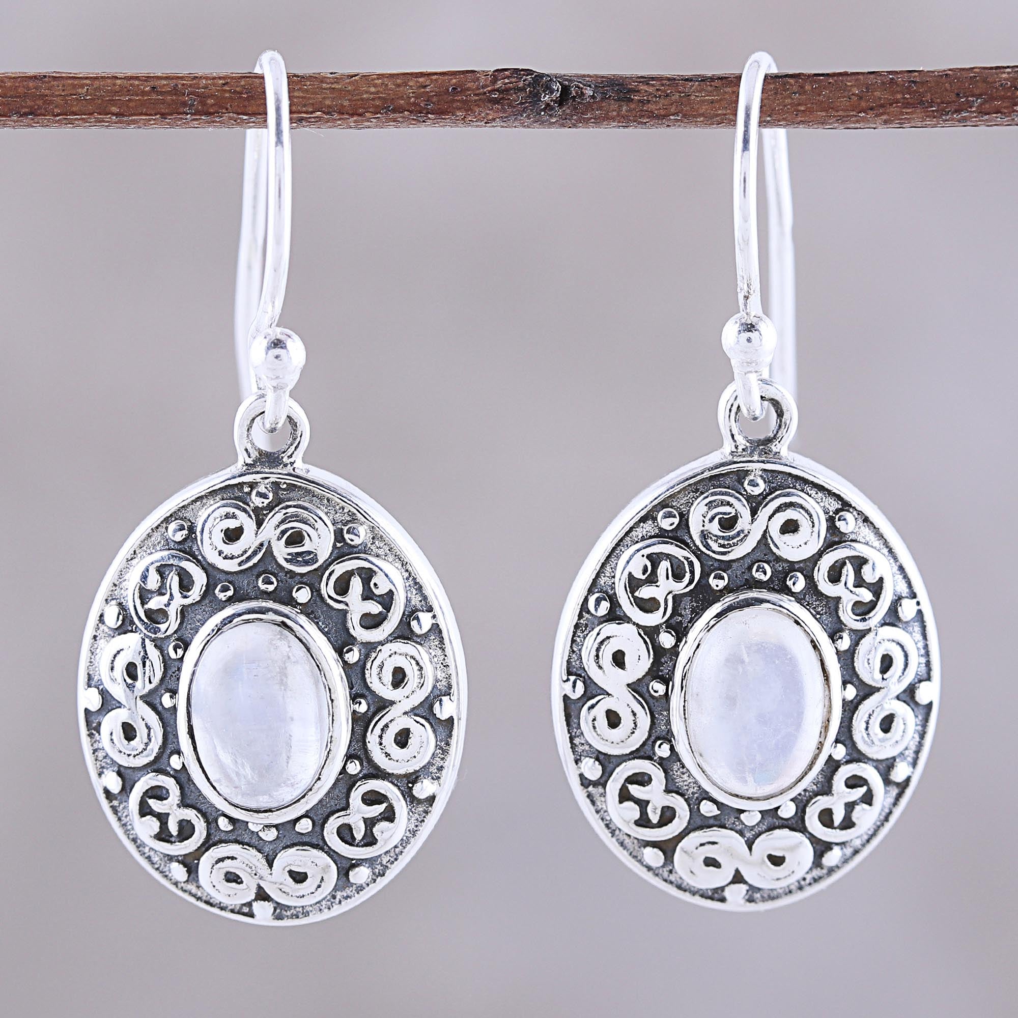 Premium Swirling Ellipse Moonstone Dangle Earrings – Handcrafted in India