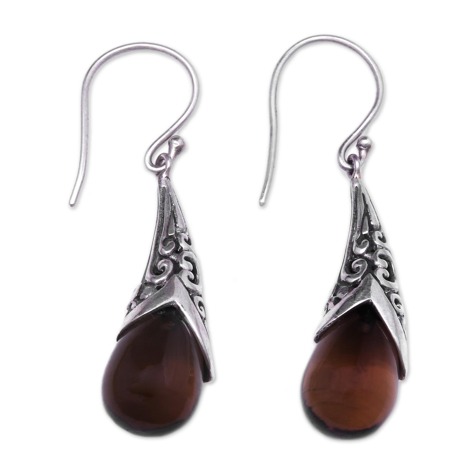 Premium Smoky Quartz Dangle Earrings - Sanur Elegance Weave Pattern, Handcrafted in Bali