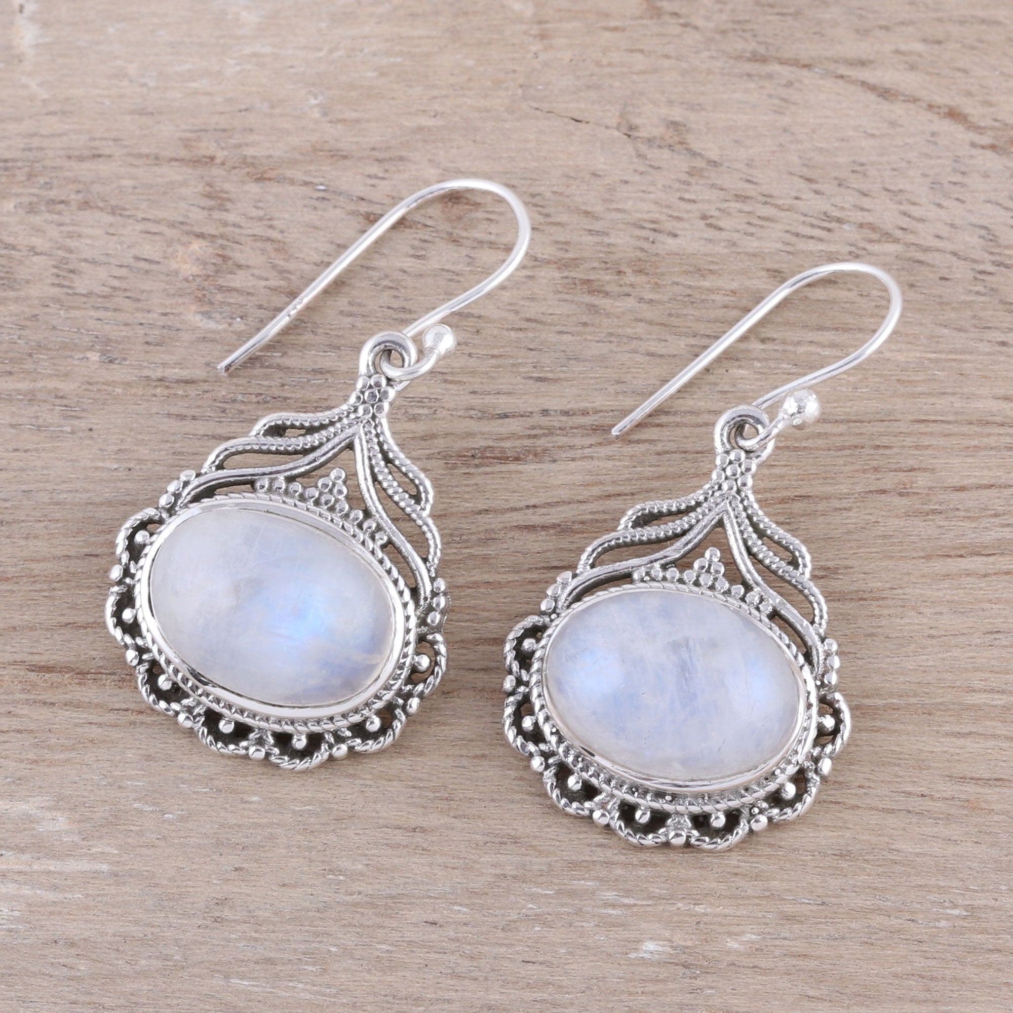 Premium Natural Oval Rainbow Moonstone Dangle Earrings - Handcrafted in India