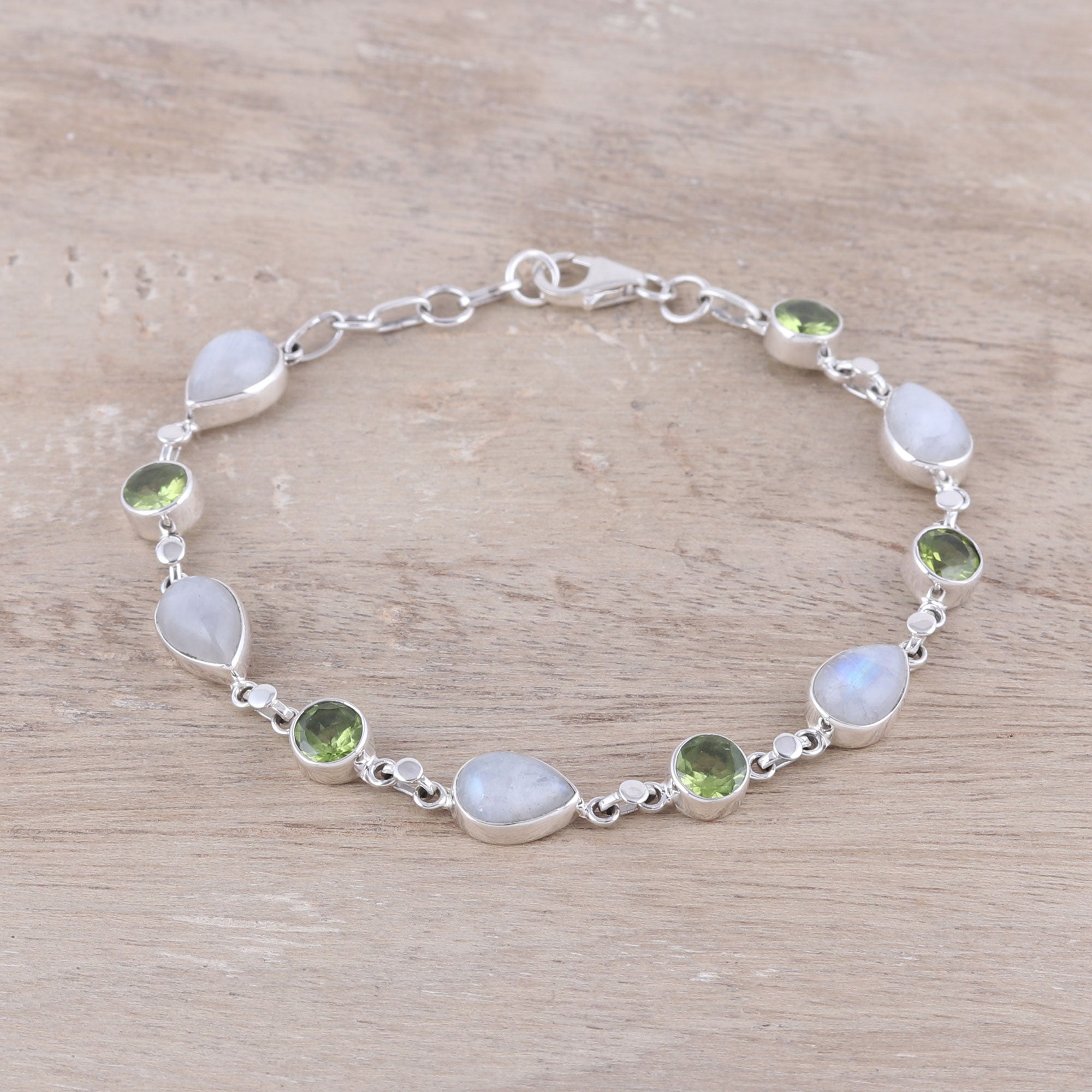 Premium Misty Forest Sterling Silver Bracelet with Rainbow Moonstone & Peridot