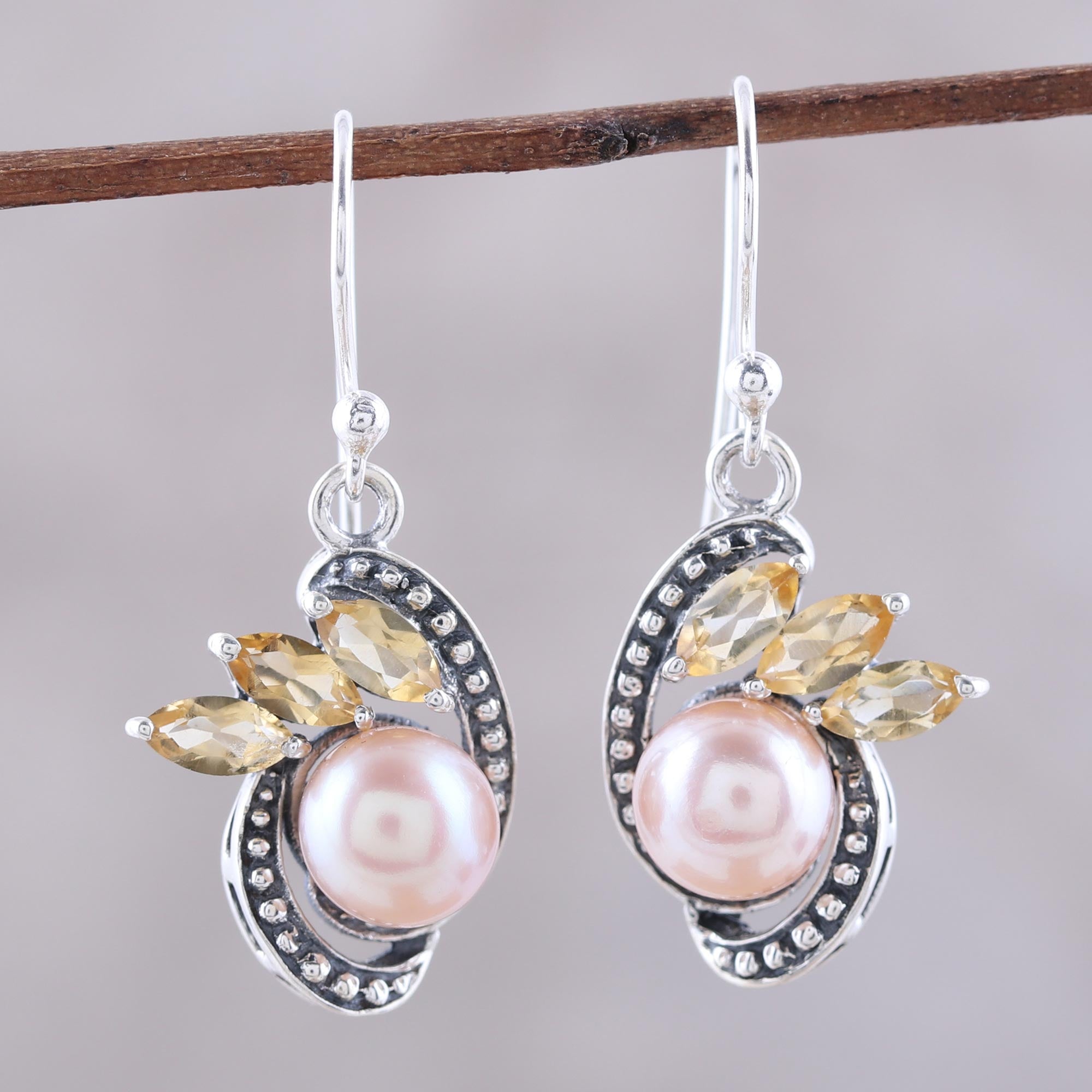 Ultimate Elegance: Peach Cultured Pearl & Citrine Sterling Silver Dangle Earrings