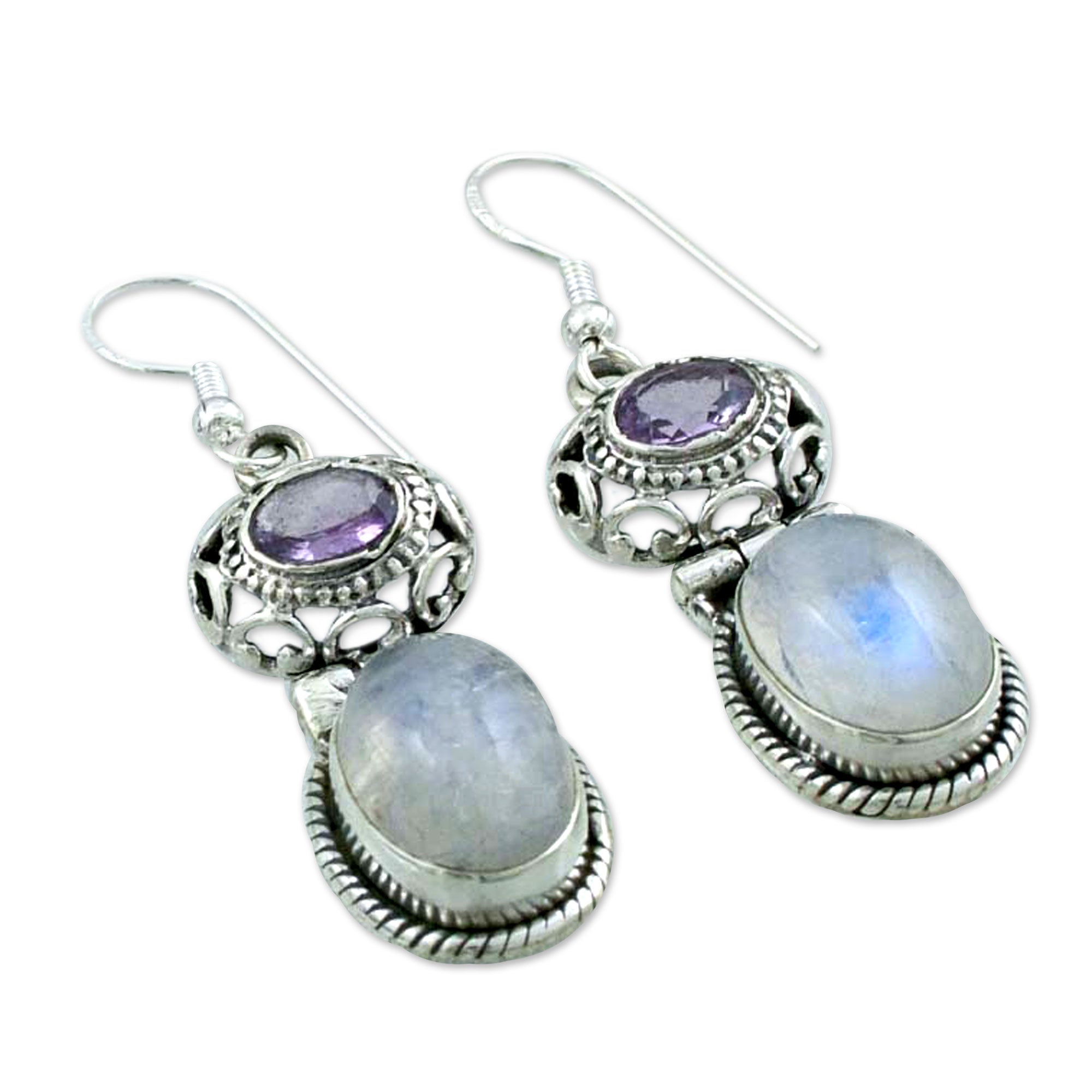 Premium Mystic Rainbow Moonstone & Amethyst Dangle Earrings